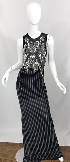Incredible 1990s Black Pearl Rhinestone Studded Sheer Mesh Vintage Gown