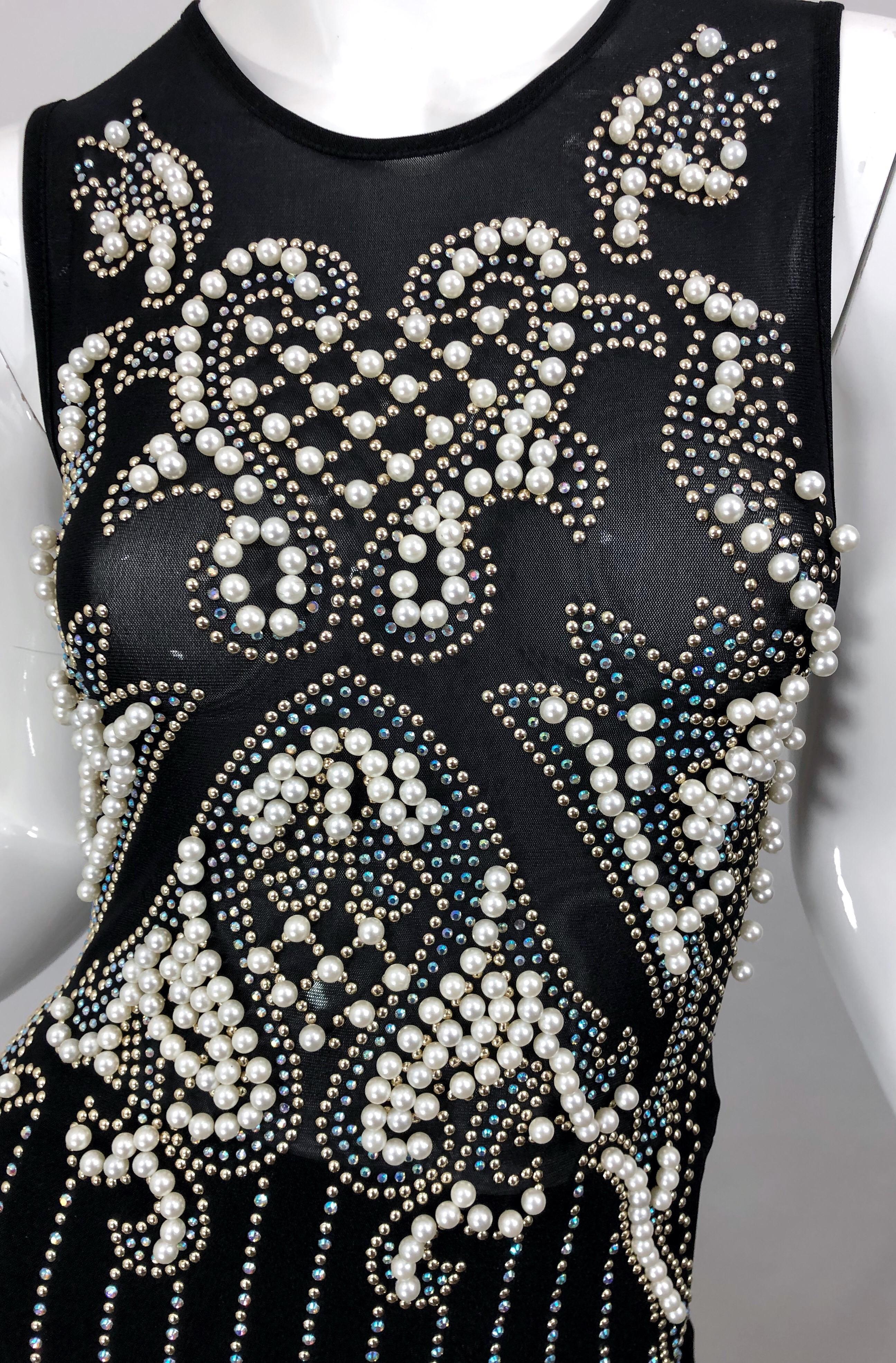 Nero Incredibile abito vintage anni '90 in maglia trasparente tempestato di perle nere e strass in vendita