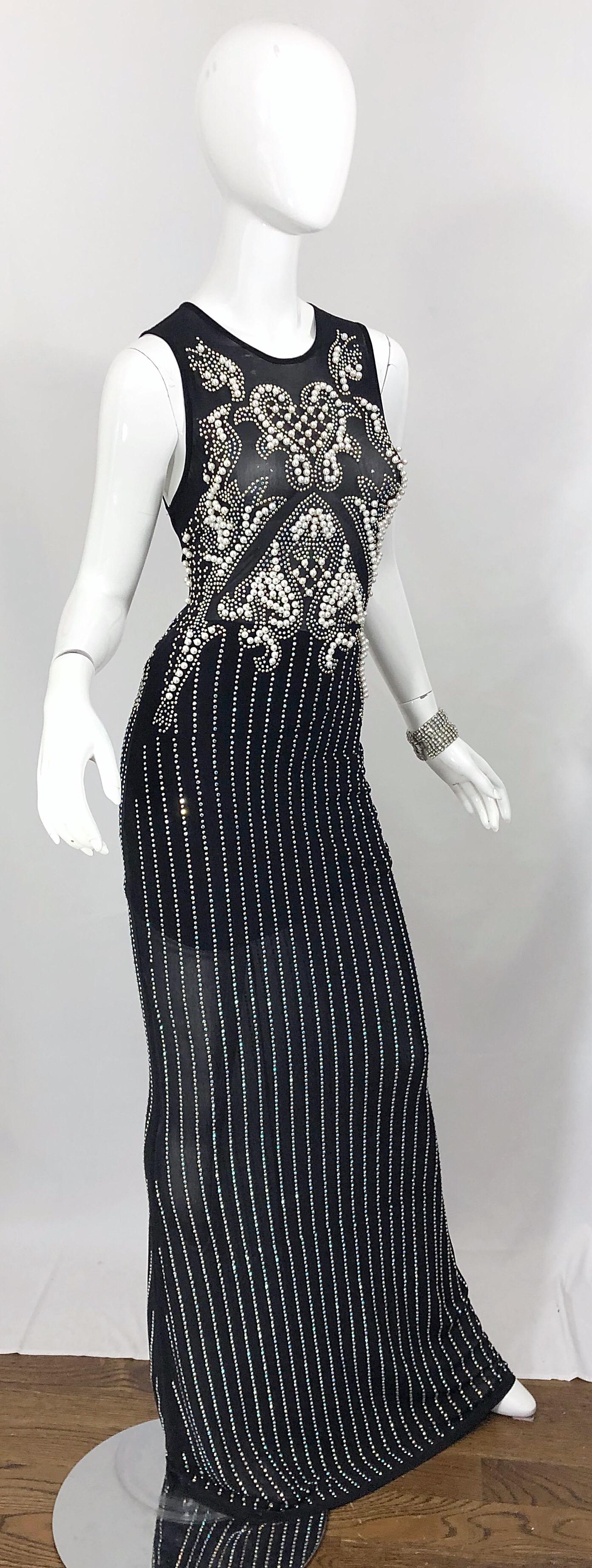 Women's Incredible 1990s Black Pearl Rhinestone Studded Sheer Mesh Vintage Gown For Sale