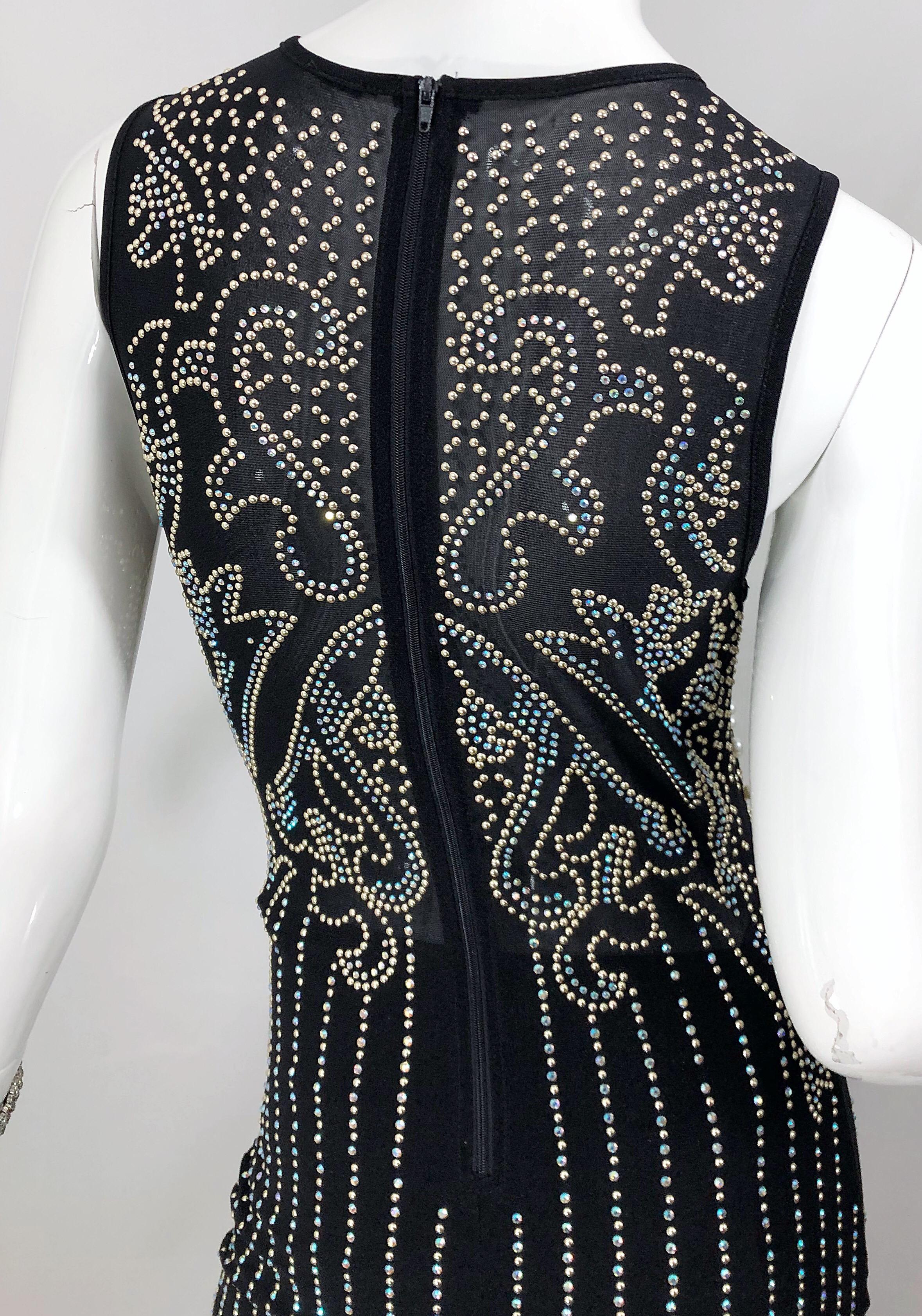 Incredible 1990s Black Pearl Rhinestone Studded Sheer Mesh Vintage Gown For Sale 2