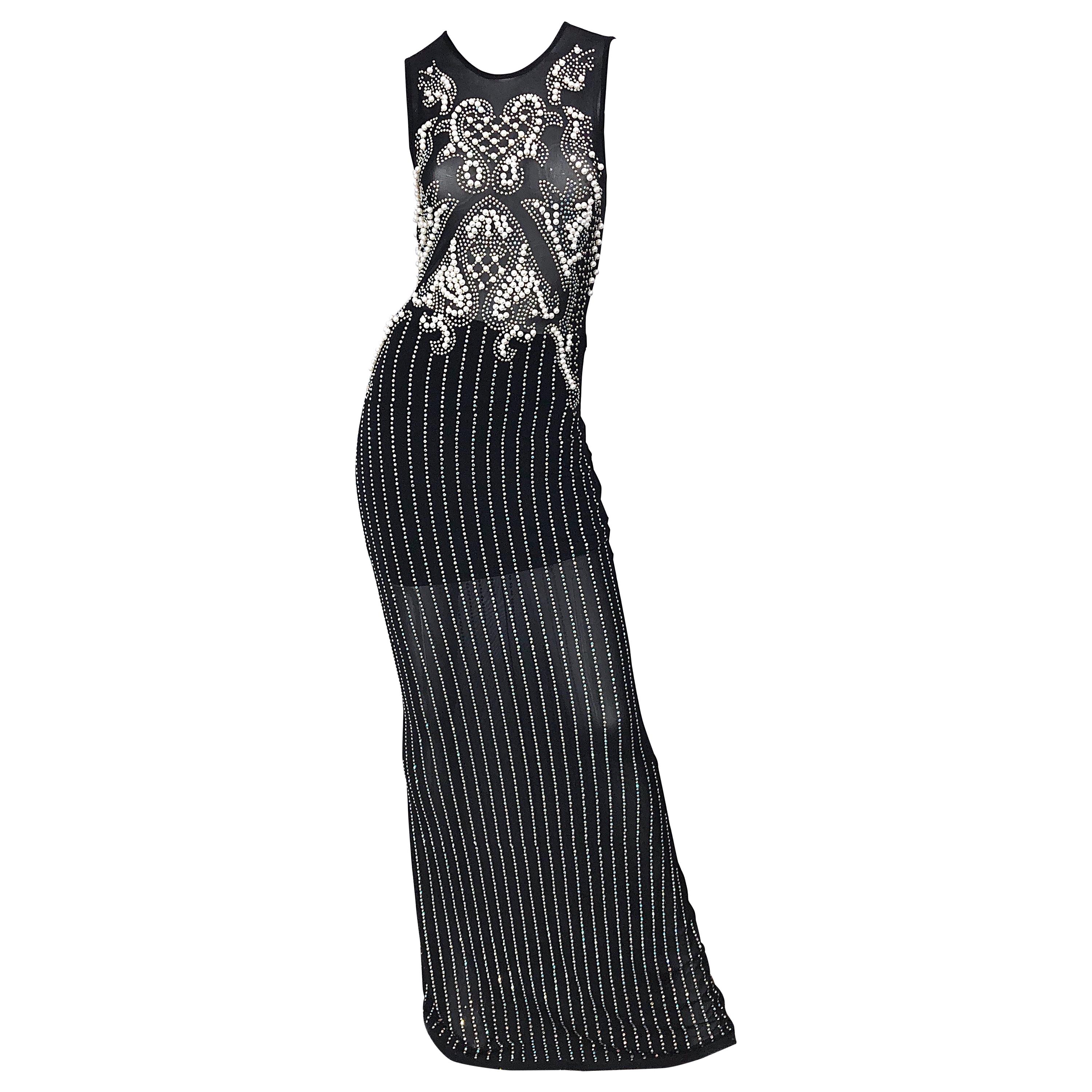 Incredible 1990s Black Pearl Rhinestone Studded Sheer Mesh Vintage Gown For Sale