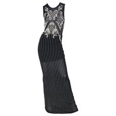 Incredible 1990s Black Pearl Rhinestone Studded Sheer Mesh Retro Gown