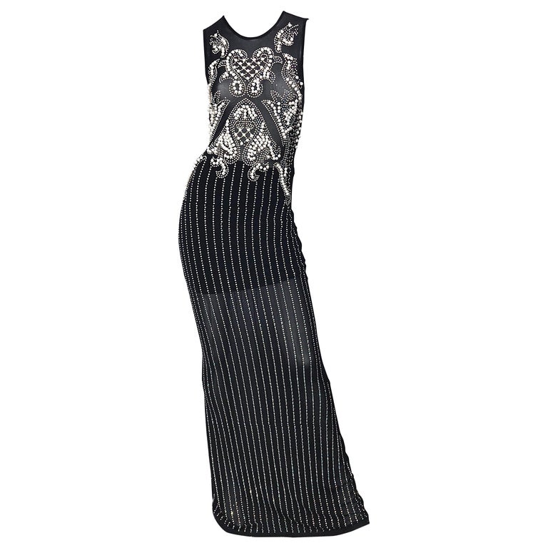 Incredible 1990s Black Pearl Rhinestone Studded Sheer Mesh Vintage Gown For  Sale at 1stDibs | sheer rhinestone gown, sheer studded dress, sheer mesh  rhinestone dress