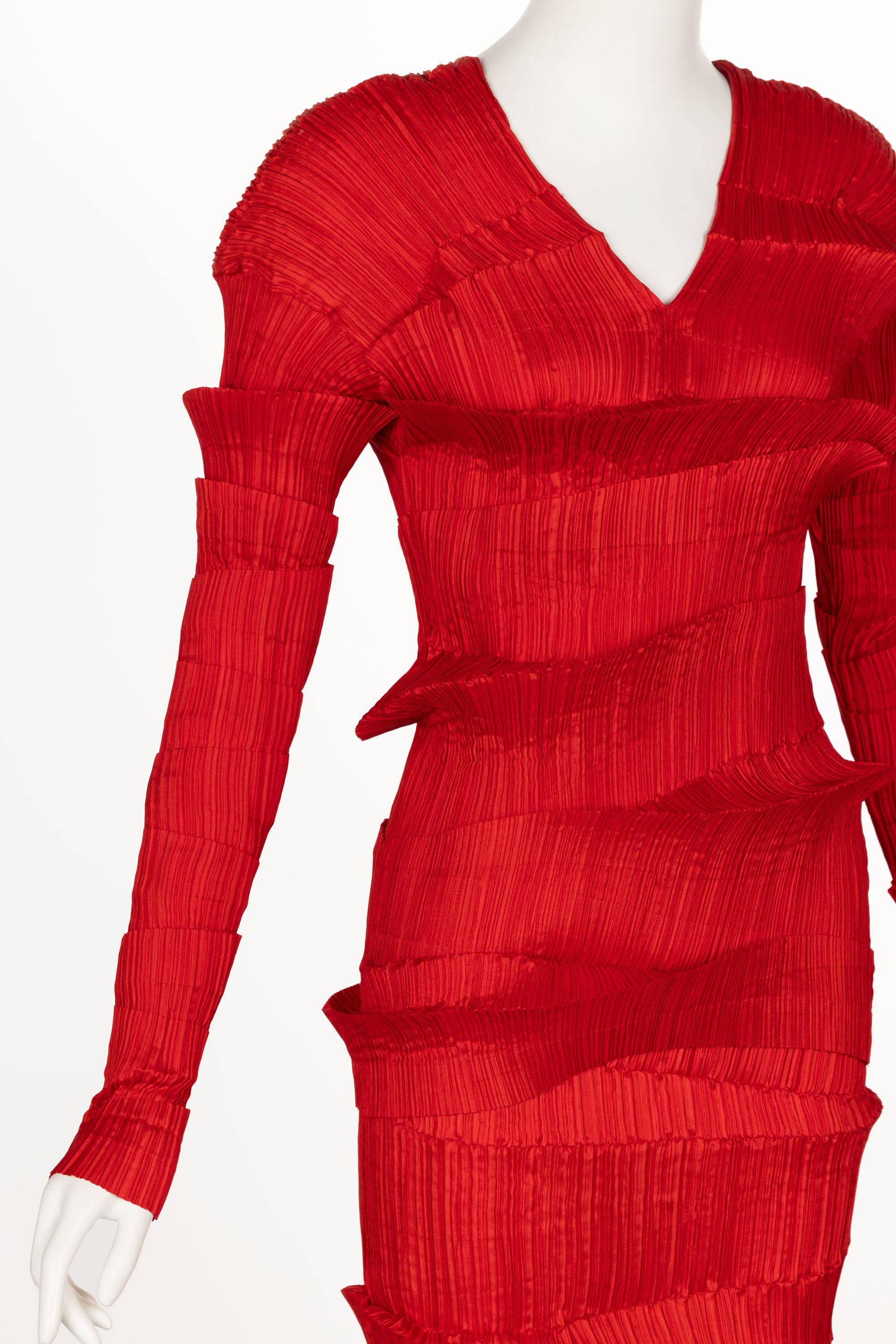 Incredible 1990s Issey Miyake Pleated Red Top & Skirt Ensemble For Sale 6