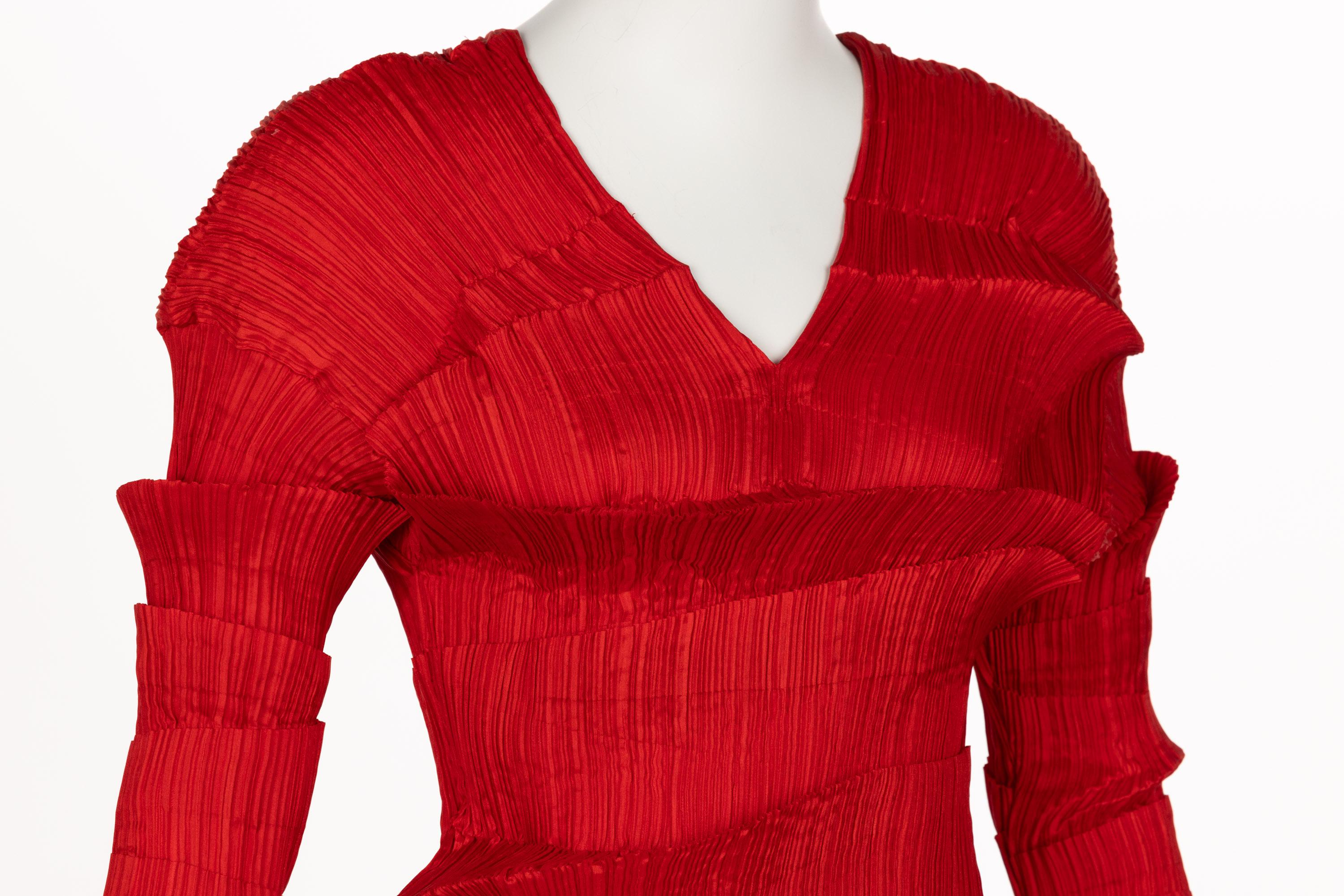 Incredible 1990s Issey Miyake Pleated Red Top & Skirt Ensemble For Sale 7