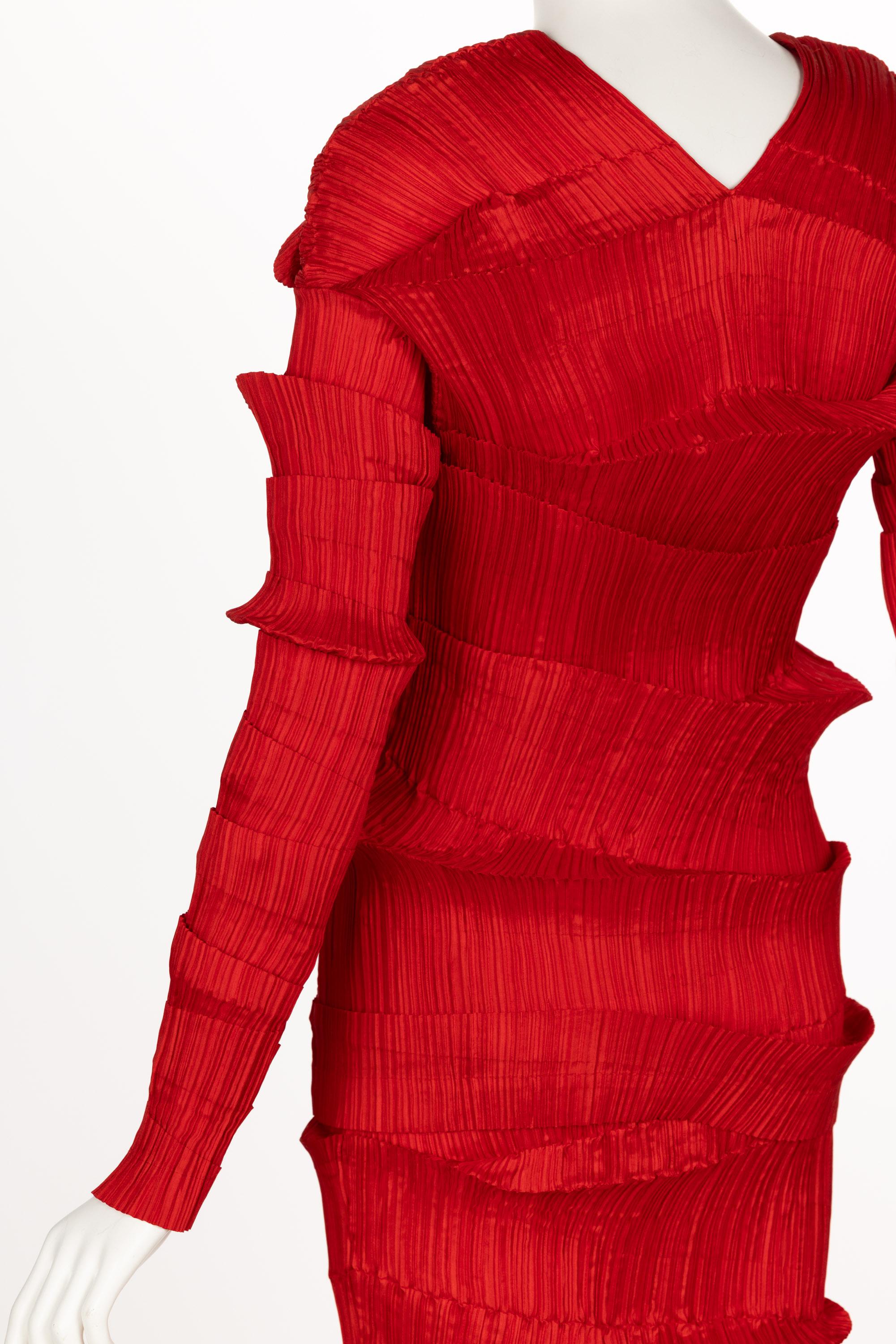 Incredible 1990s Issey Miyake Pleated Red Top & Skirt Ensemble For Sale 9