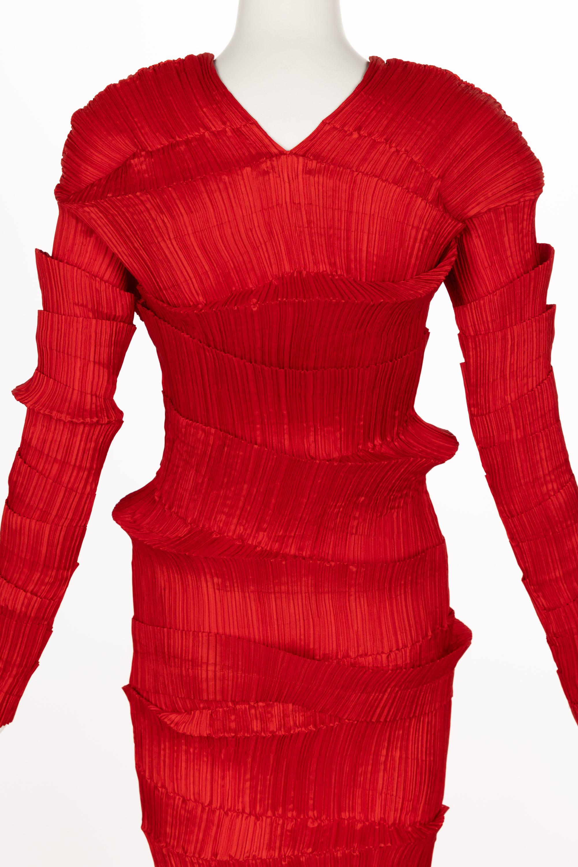 Incredible 1990s Issey Miyake Pleated Red Top & Skirt Ensemble For Sale 10