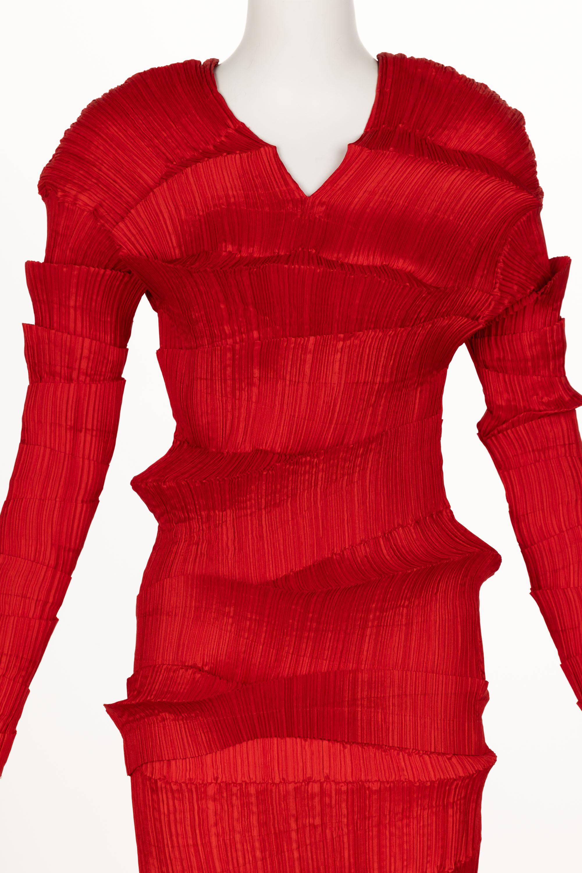 Incredible 1990s Issey Miyake Pleated Red Top & Skirt Ensemble For Sale 11