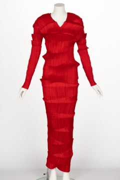 Incredible 1990s Issey Miyake Pleated Red Top & Skirt Ensemble