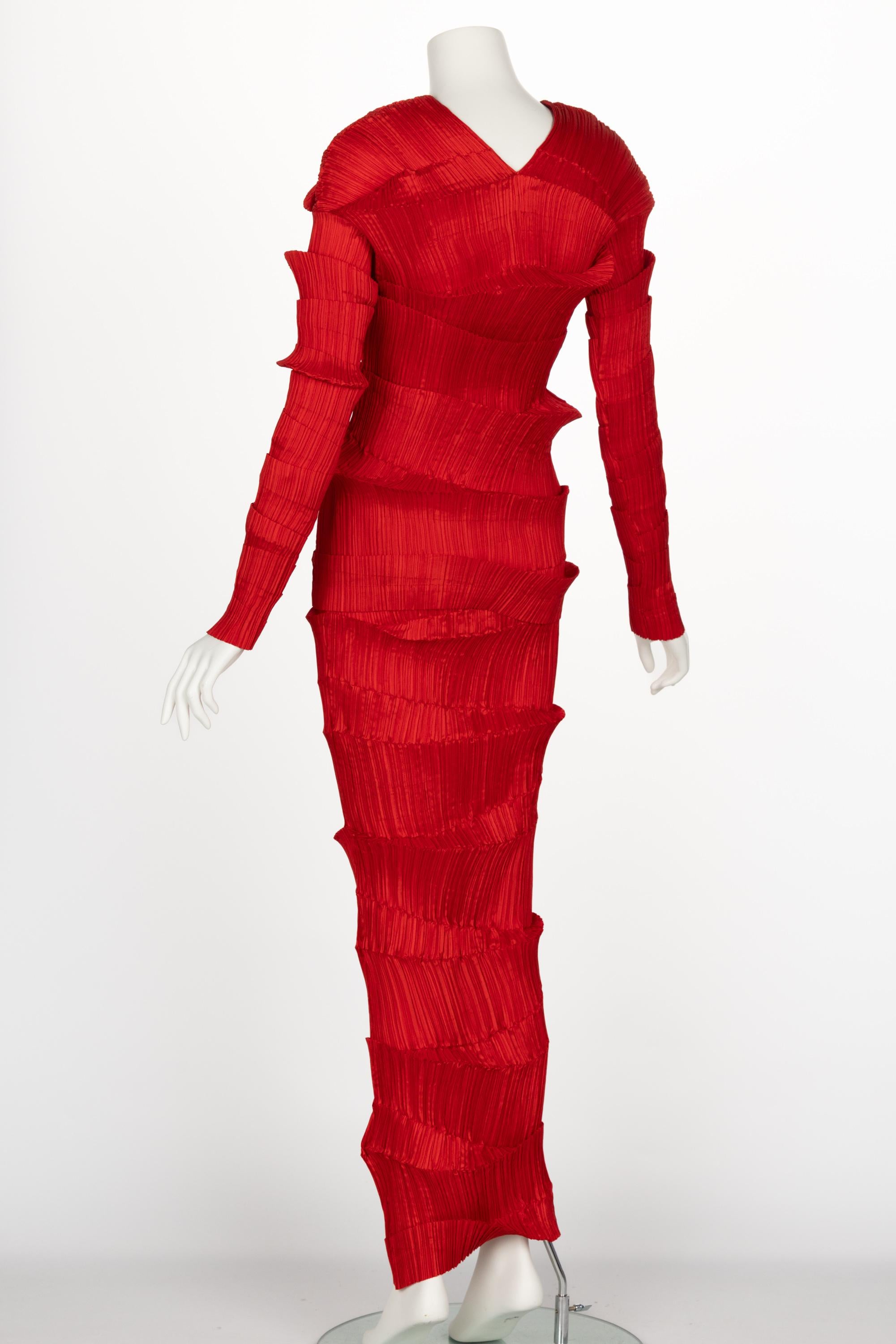 Incredible 1990s Issey Miyake Pleated Red Top & Skirt Ensemble For Sale 3