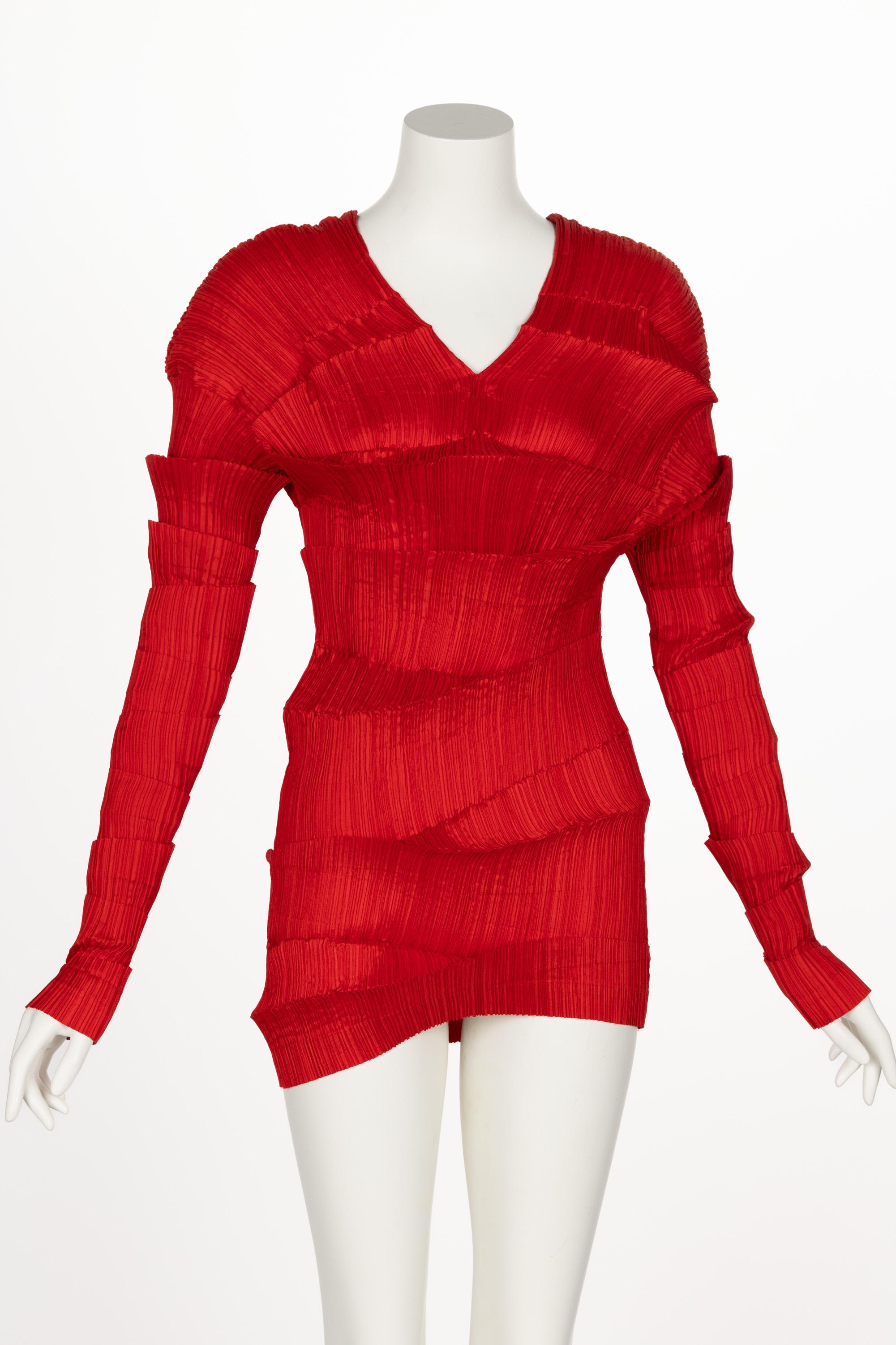 Incredible 1990s Issey Miyake Pleated Red Top & Skirt Ensemble For Sale 4