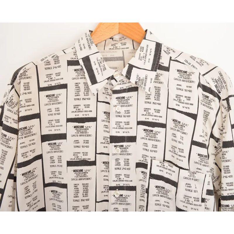 Vintage 1990's Moschino long sleeved cotton shirt in a repeat printed 'Check out Receipt' pattern in black & white. 

MADE IN ITALY

Features:
Central line button fasten
Long sleeves
Chest pocket

100% Cotton

Measurements given in inches: 
Pit to