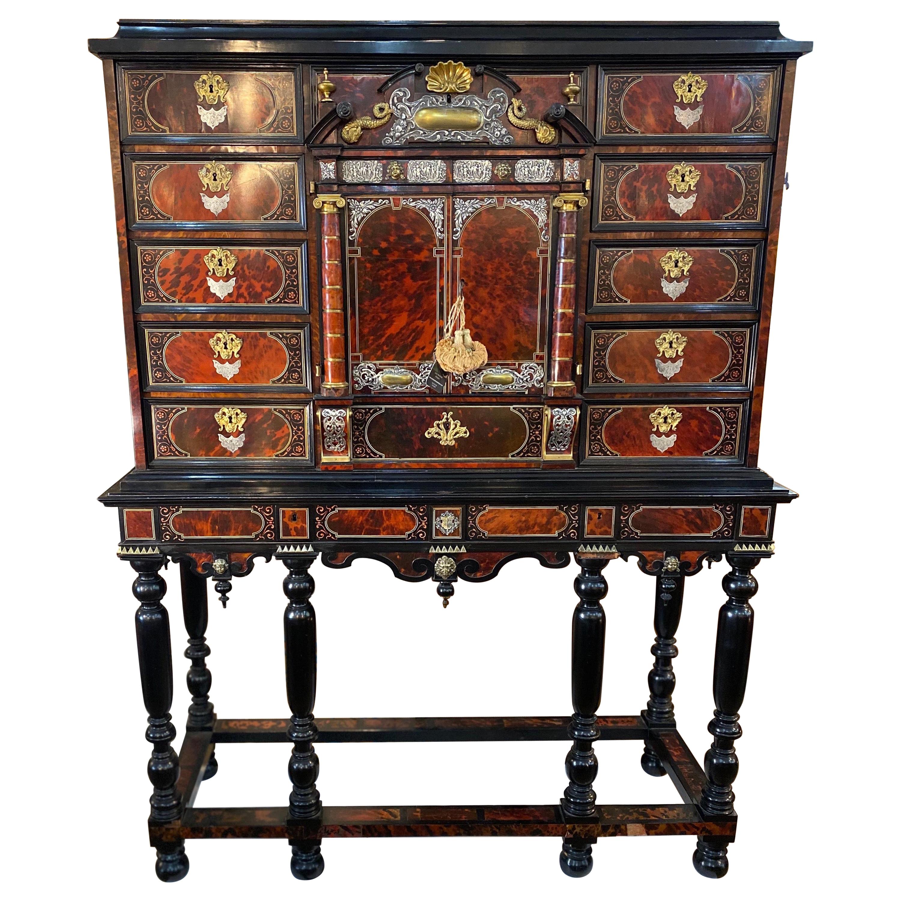 Incredible 19th Century Continental Tortoiseshell and Silver Collectors Cabinet For Sale