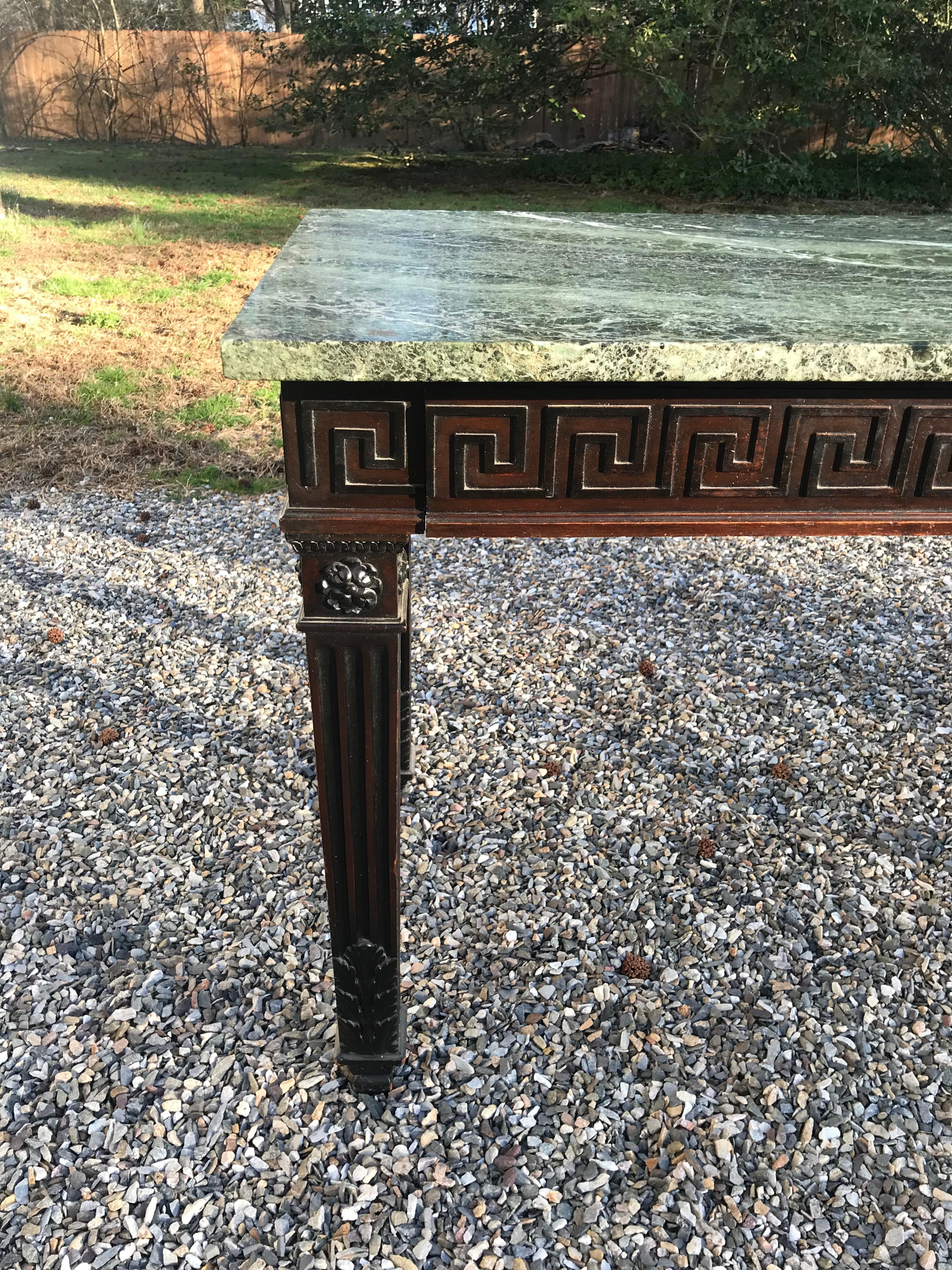 Neoclassical Antique 19th Century Greek Key Mahogany Console Sideboard with Green Marble Top