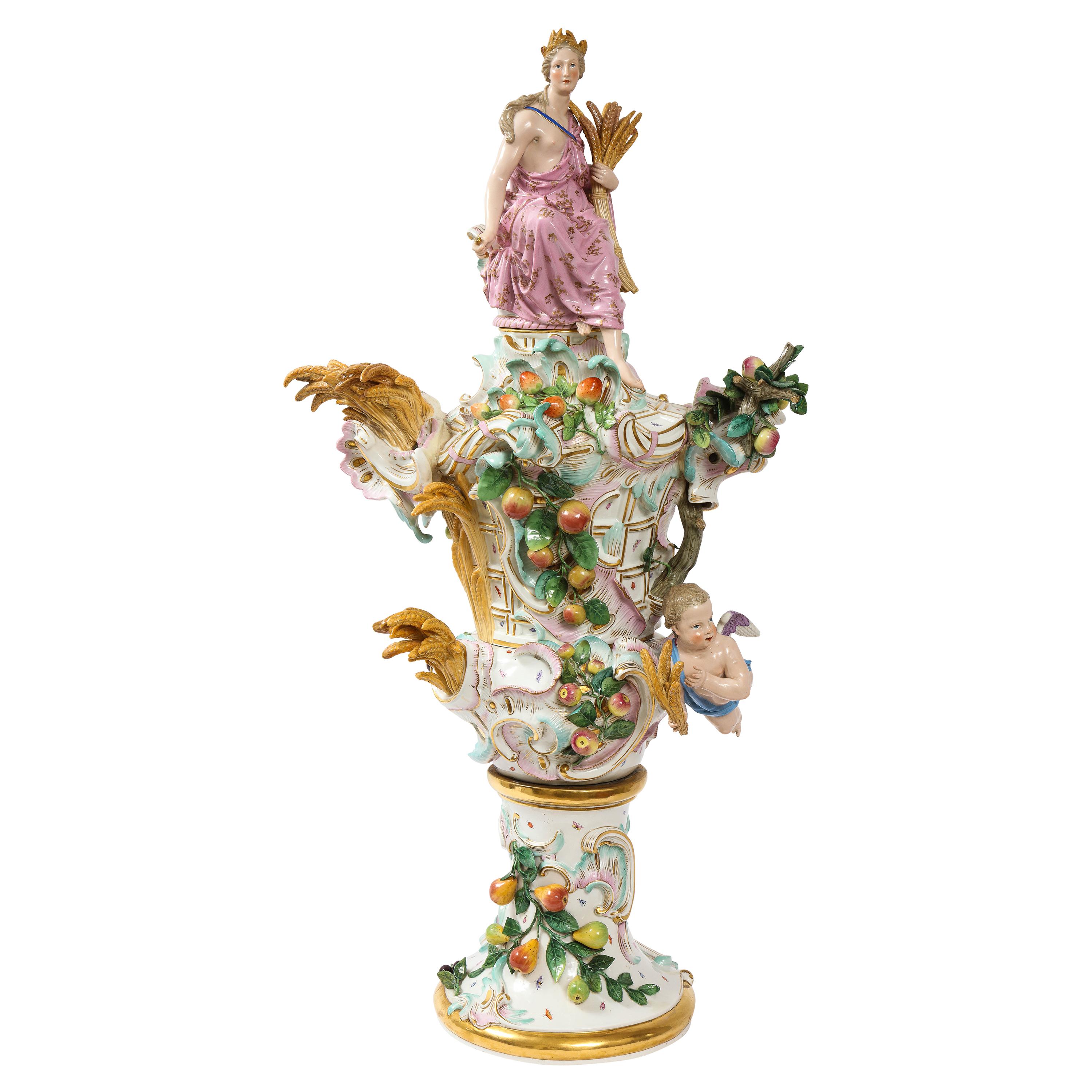 Incredible 19th Century Meissen Porcelain Covered Urn Emblematic of Autumn