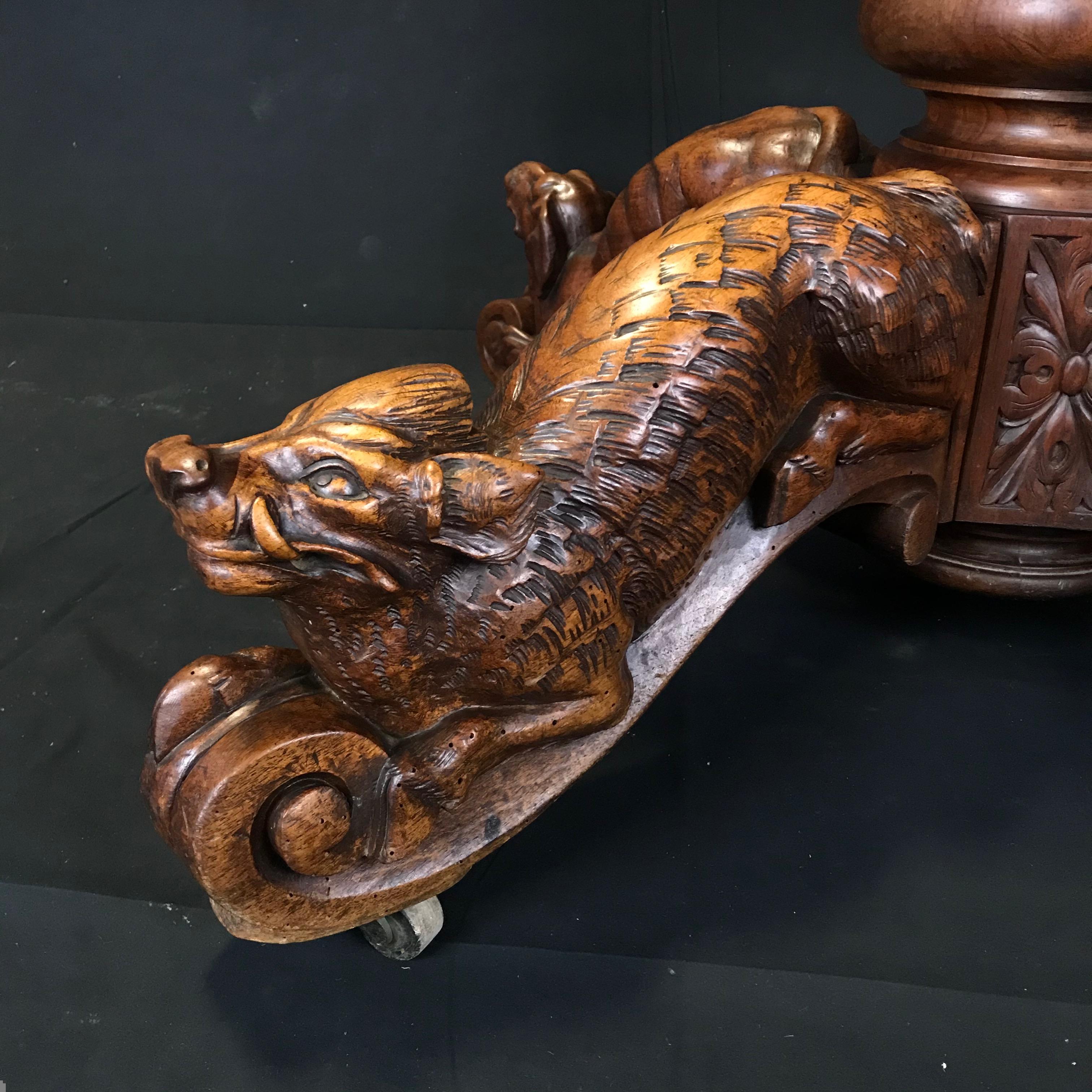 Renaissance Revival Incredible 19th Century Walnut Hunt Table with Boar, Dog, Deer and Fox