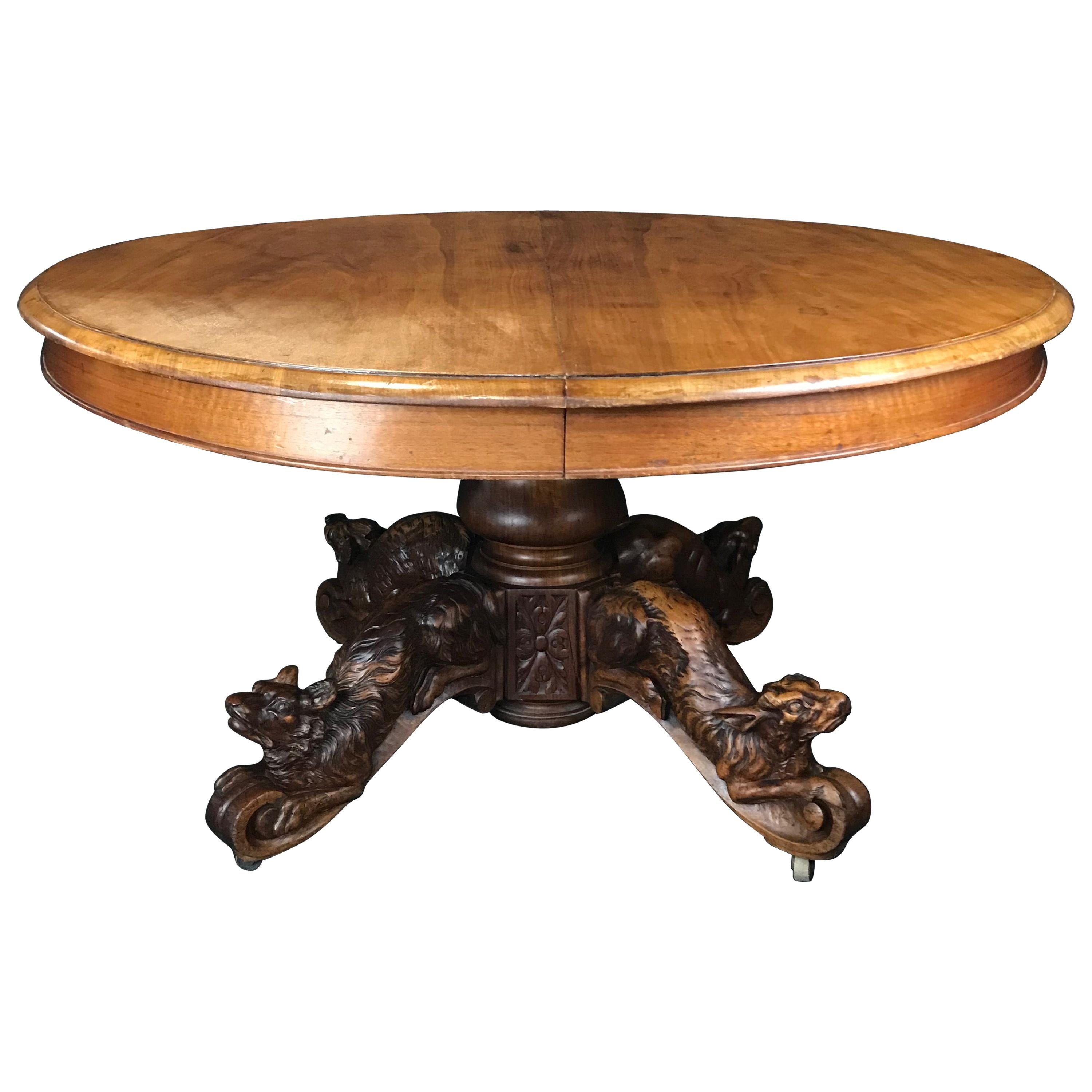 Incredible 19th Century Walnut Hunt Table with Boar, Dog, Deer and Fox