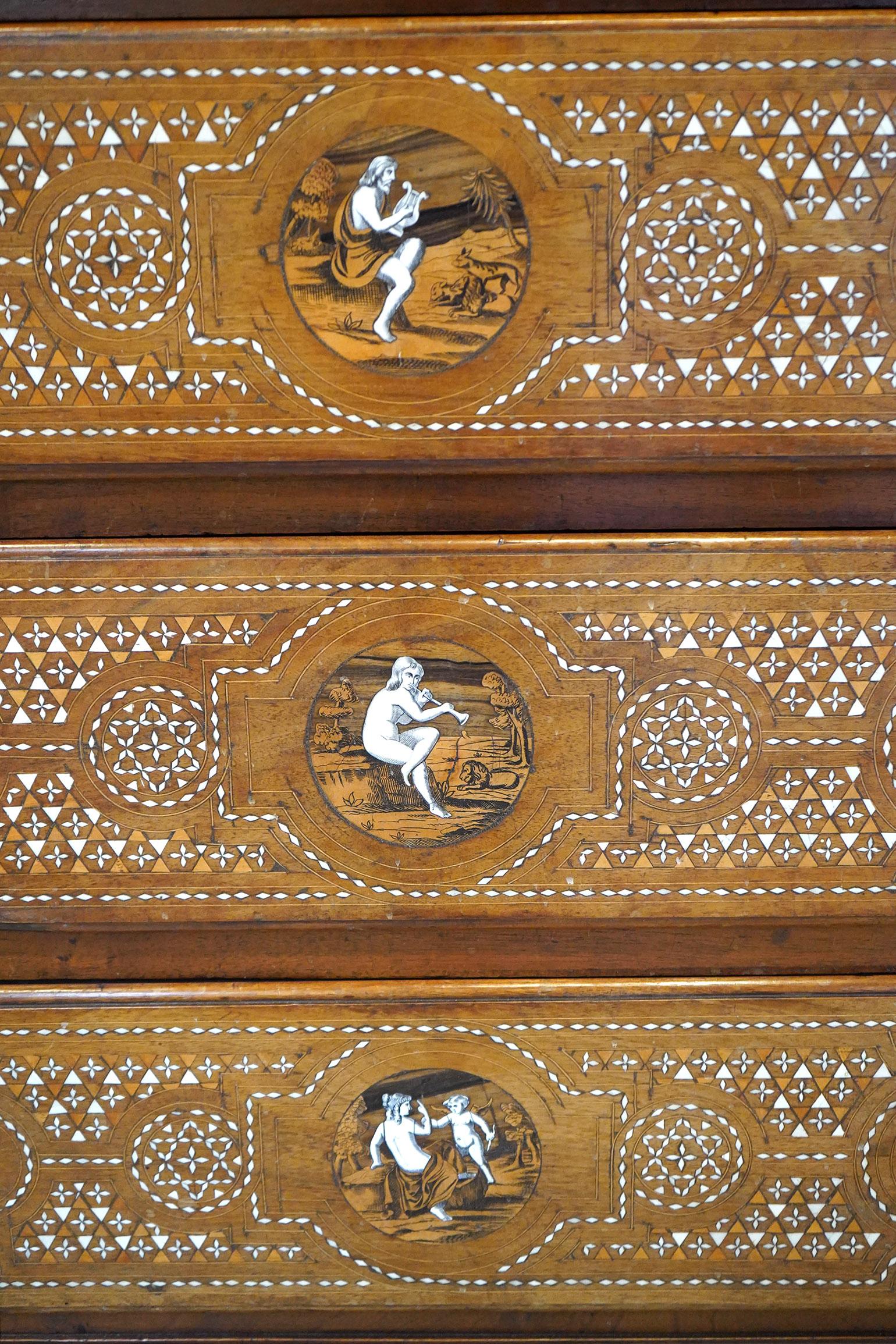 Wood Incredible 19th Ct Italian Inlaid Cabinet with Figural Design 2 Door/ 4 Drawers For Sale