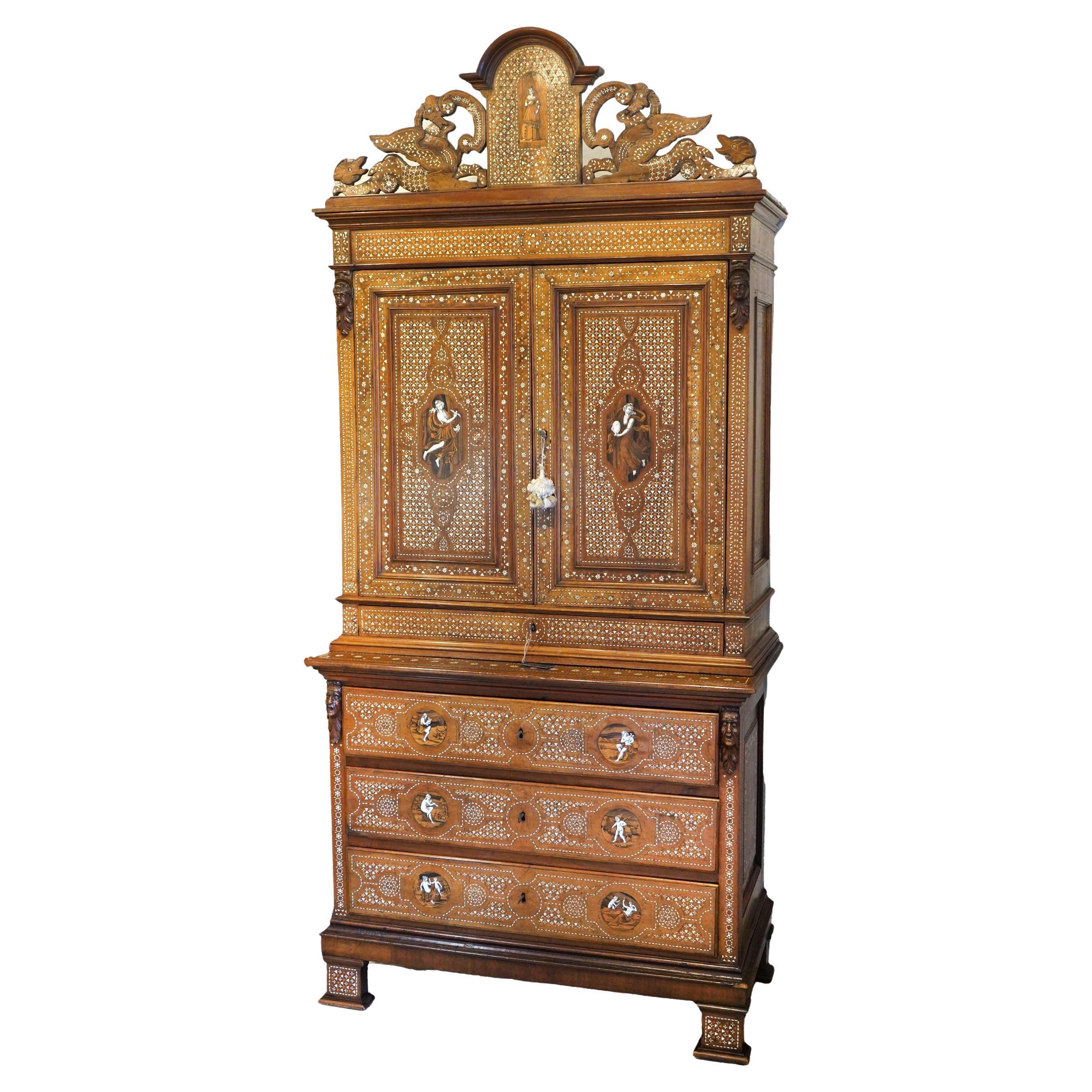 Incredible 19th Ct Italian Inlaid Cabinet with Figural Design 2 Door/ 4 Drawers For Sale