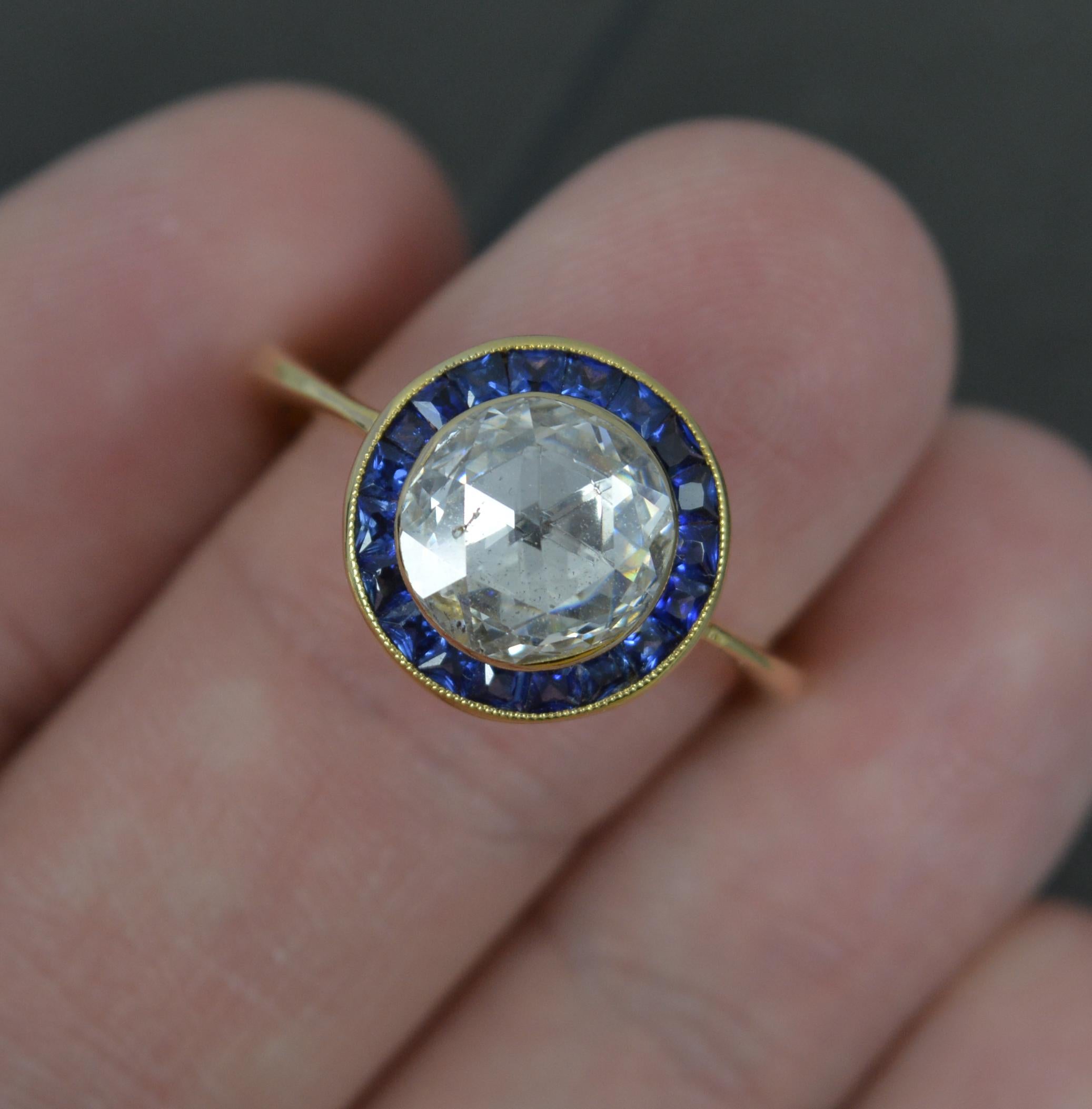 Incredible 2ct Rose Cut Diamond and Sapphire 18ct Gold Halo Engagement Ring For Sale 6