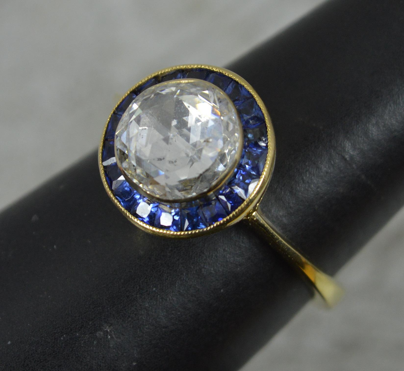 Women's Incredible 2ct Rose Cut Diamond and Sapphire 18ct Gold Halo Engagement Ring For Sale