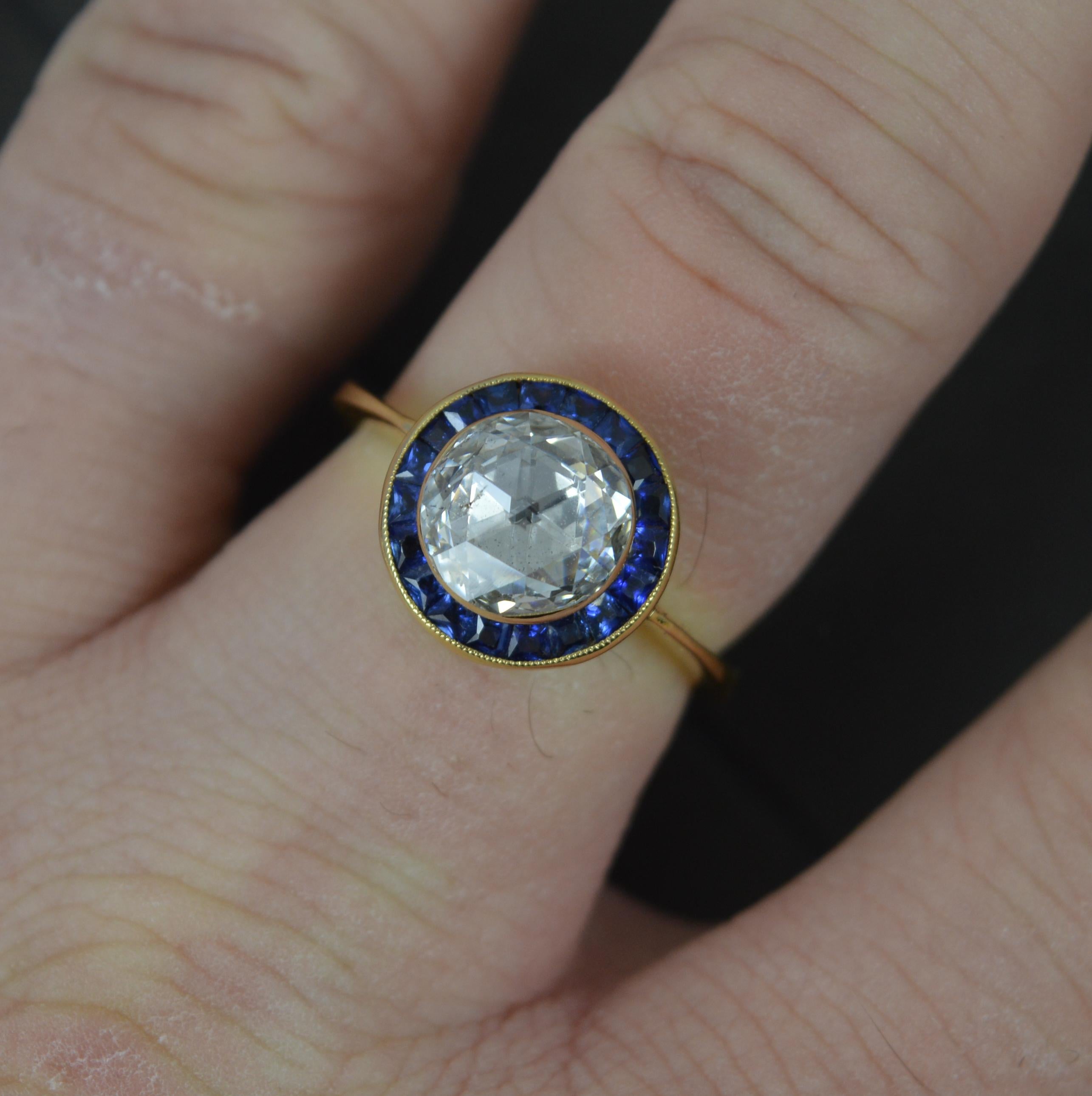 Incredible 2ct Rose Cut Diamond and Sapphire 18ct Gold Halo Engagement Ring 3