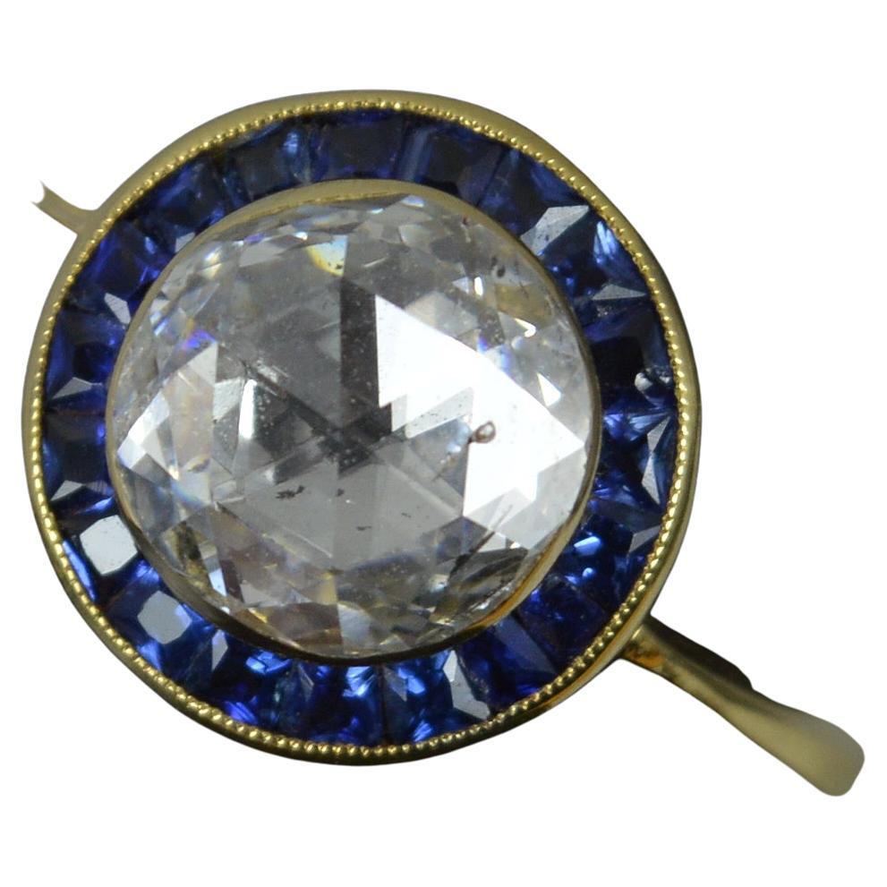Unglaublicher Verlobungsring mit 2 Karat Diamant im Rosenschliff und Saphir aus 18 Karat Gold mit Halo im Angebot