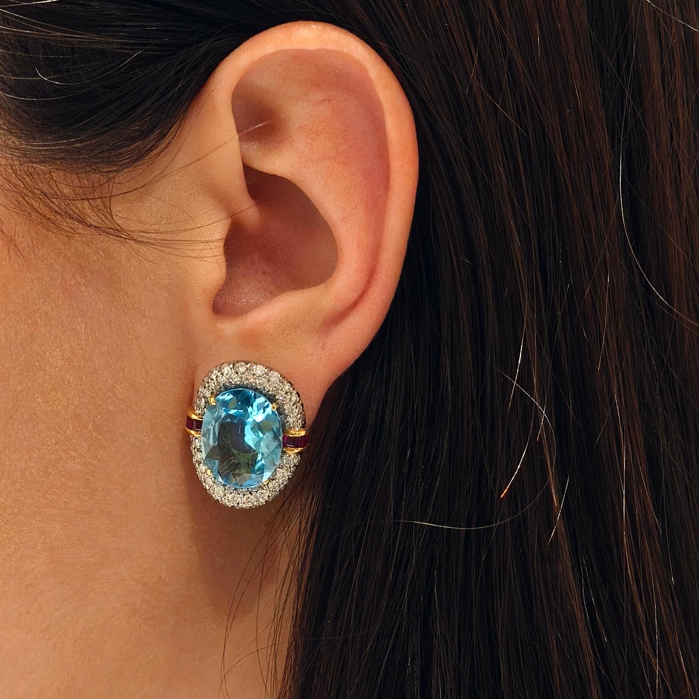 60's BULGARI set in blue topaz, diamonds and rubies. Ring and earrings For Sale 6