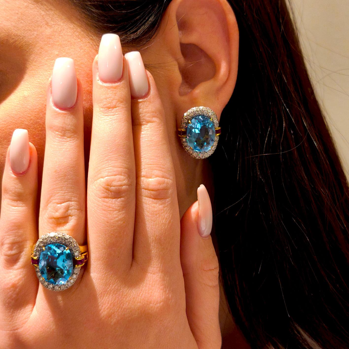 60's BULGARI set in blue topaz, diamonds and rubies. Ring and earrings For Sale 7