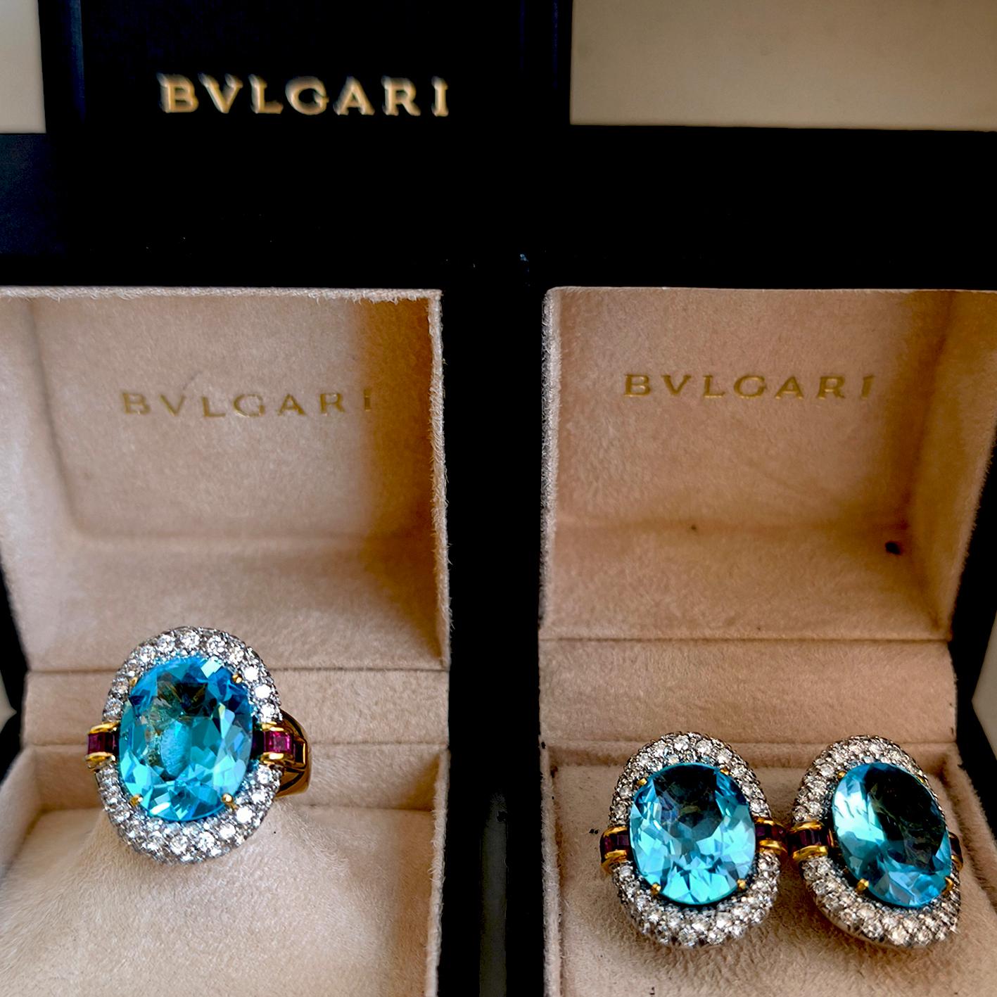 60's BULGARI set in blue topaz, diamonds and rubies. Ring and earrings For Sale 8