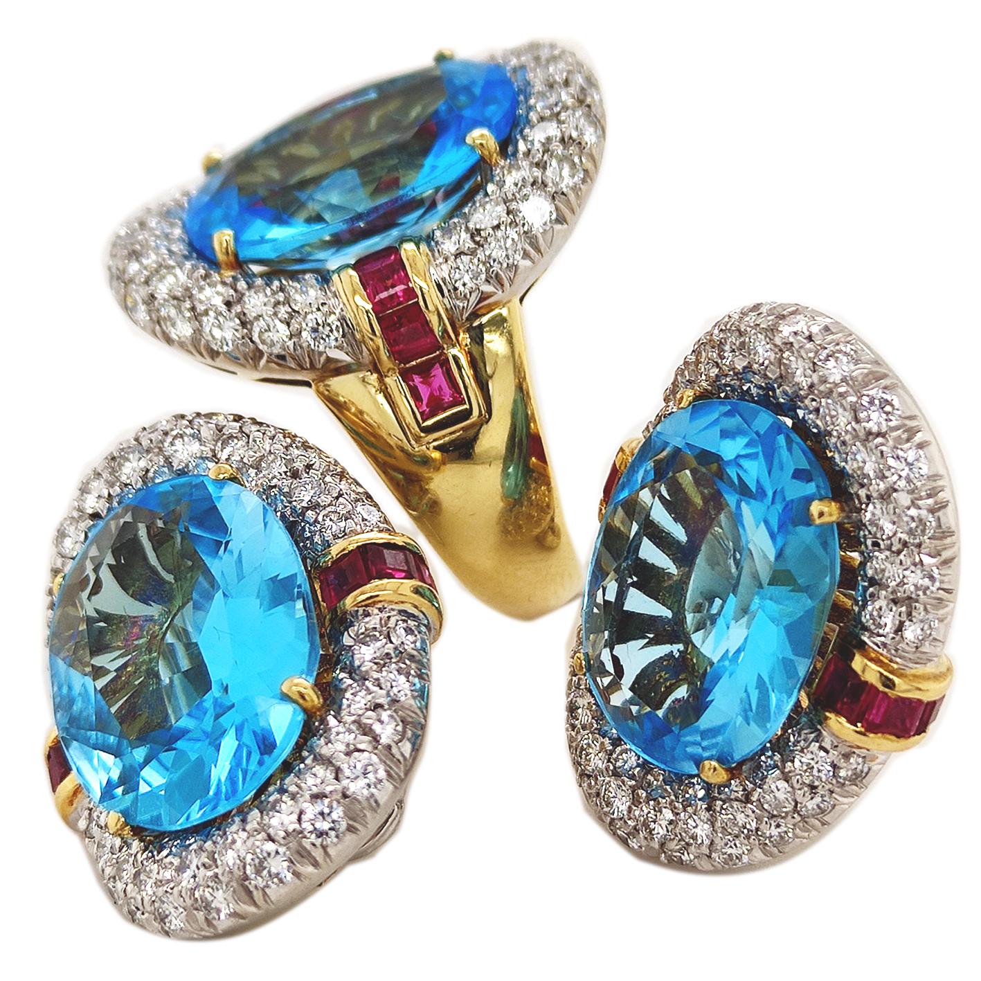 Oval Cut 60's BULGARI set in blue topaz, diamonds and rubies. Ring and earrings For Sale