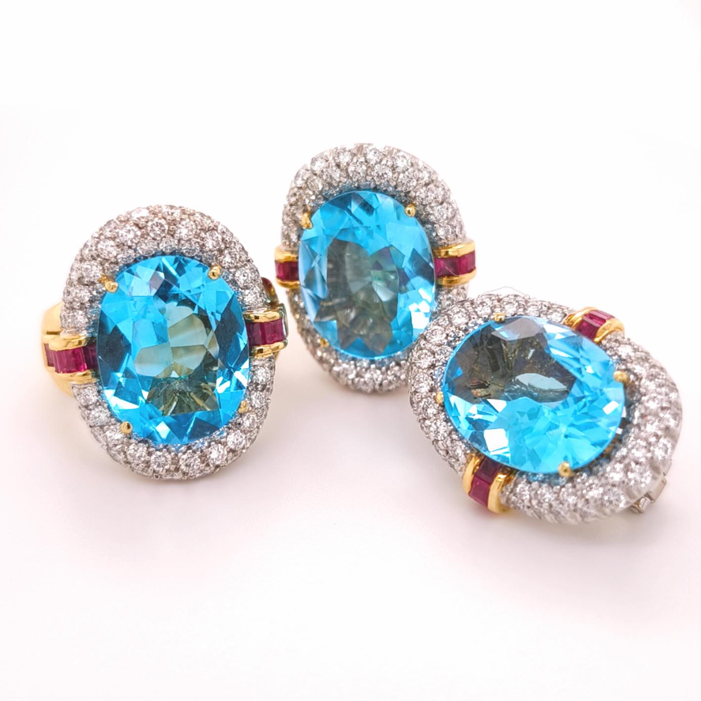 60's BULGARI set in blue topaz, diamonds and rubies. Ring and earrings In Excellent Condition For Sale In Valenza, IT