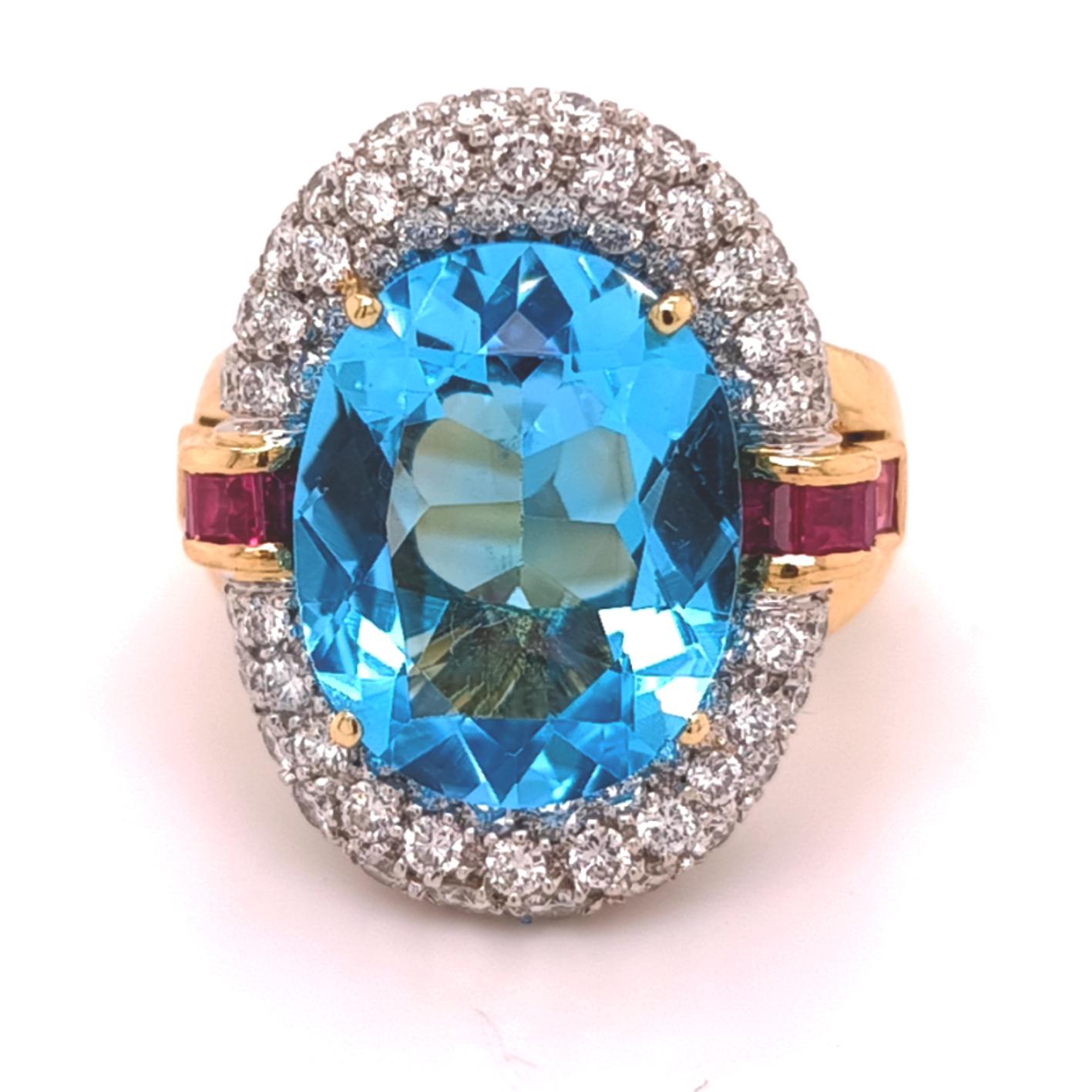 60's BULGARI set in blue topaz, diamonds and rubies. Ring and earrings For Sale 1