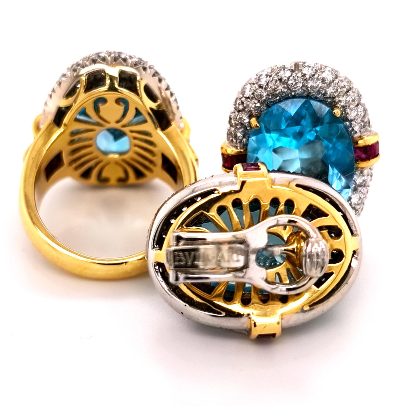 60's BULGARI set in blue topaz, diamonds and rubies. Ring and earrings For Sale 3