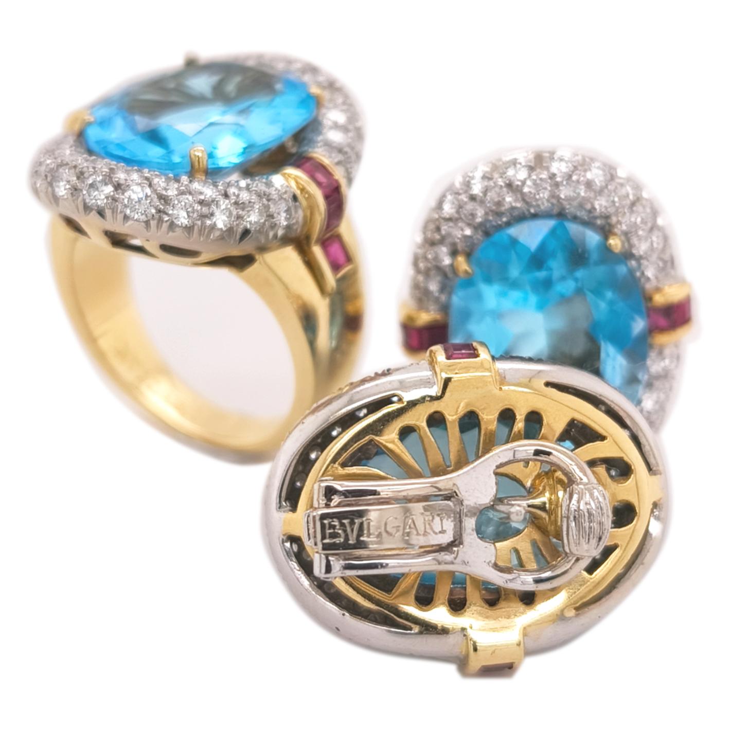 60's BULGARI set in blue topaz, diamonds and rubies. Ring and earrings For Sale 4