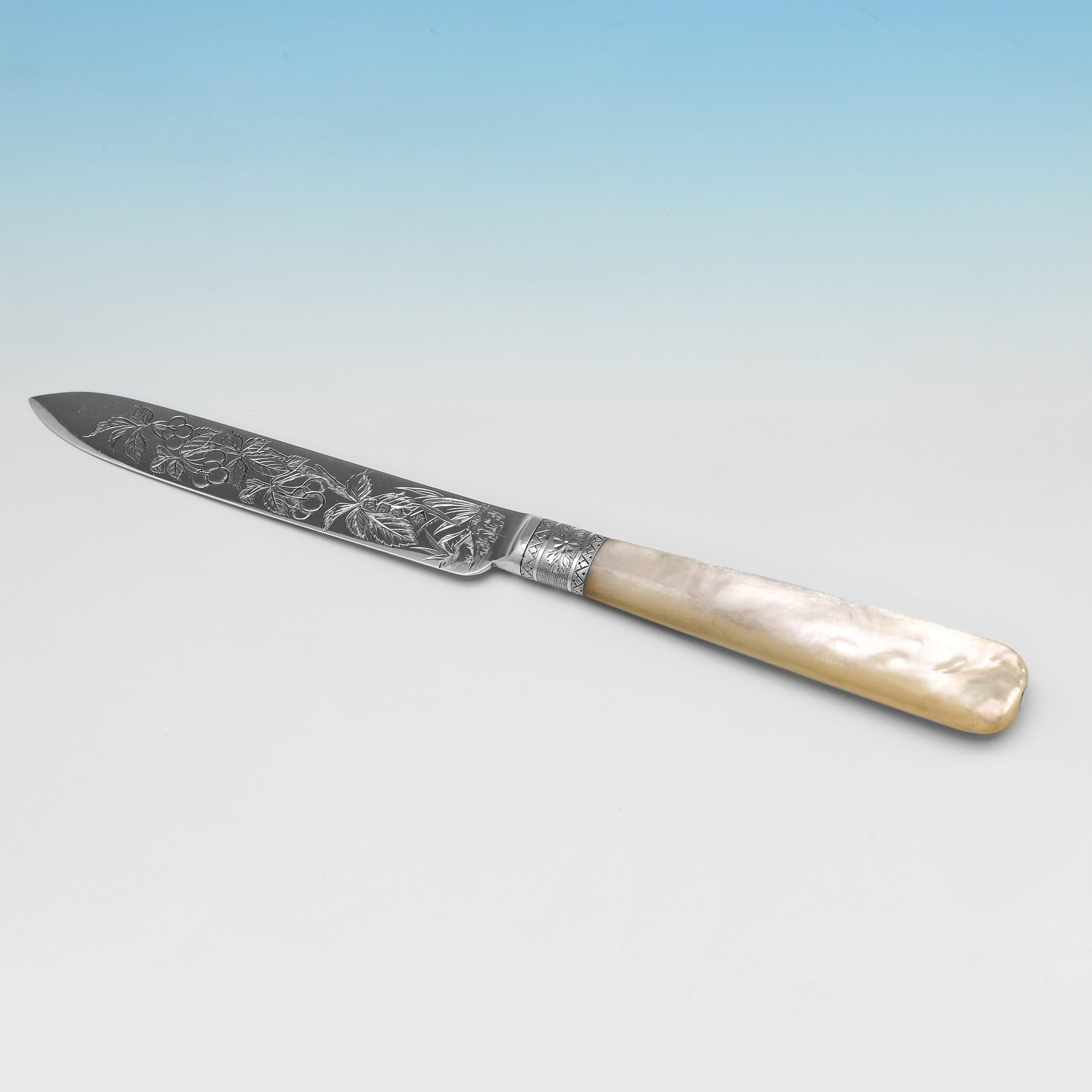 English Incredible aesthetic design silver and mother of pearl dessert set from 1891