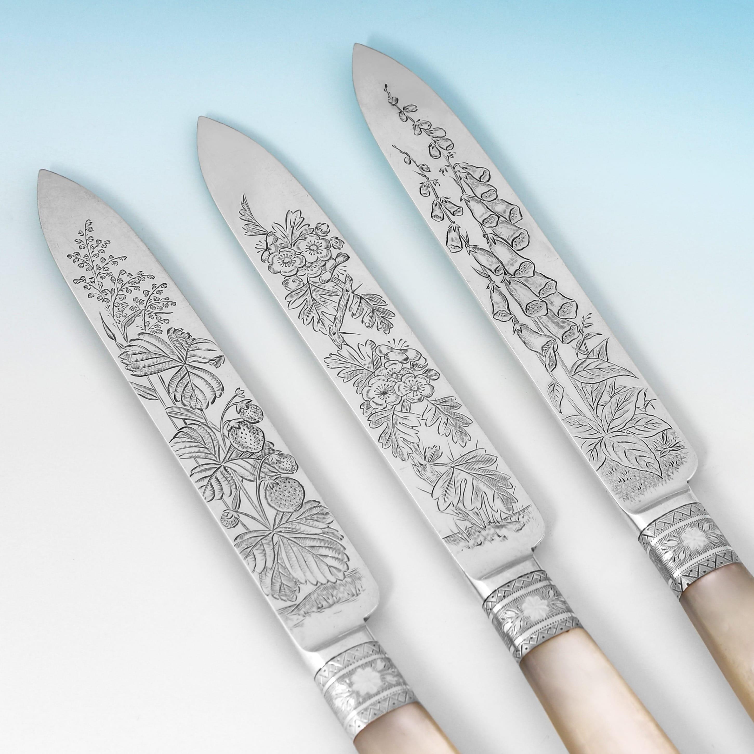 Incredible aesthetic design silver and mother of pearl dessert set from 1891 In Good Condition In London, London