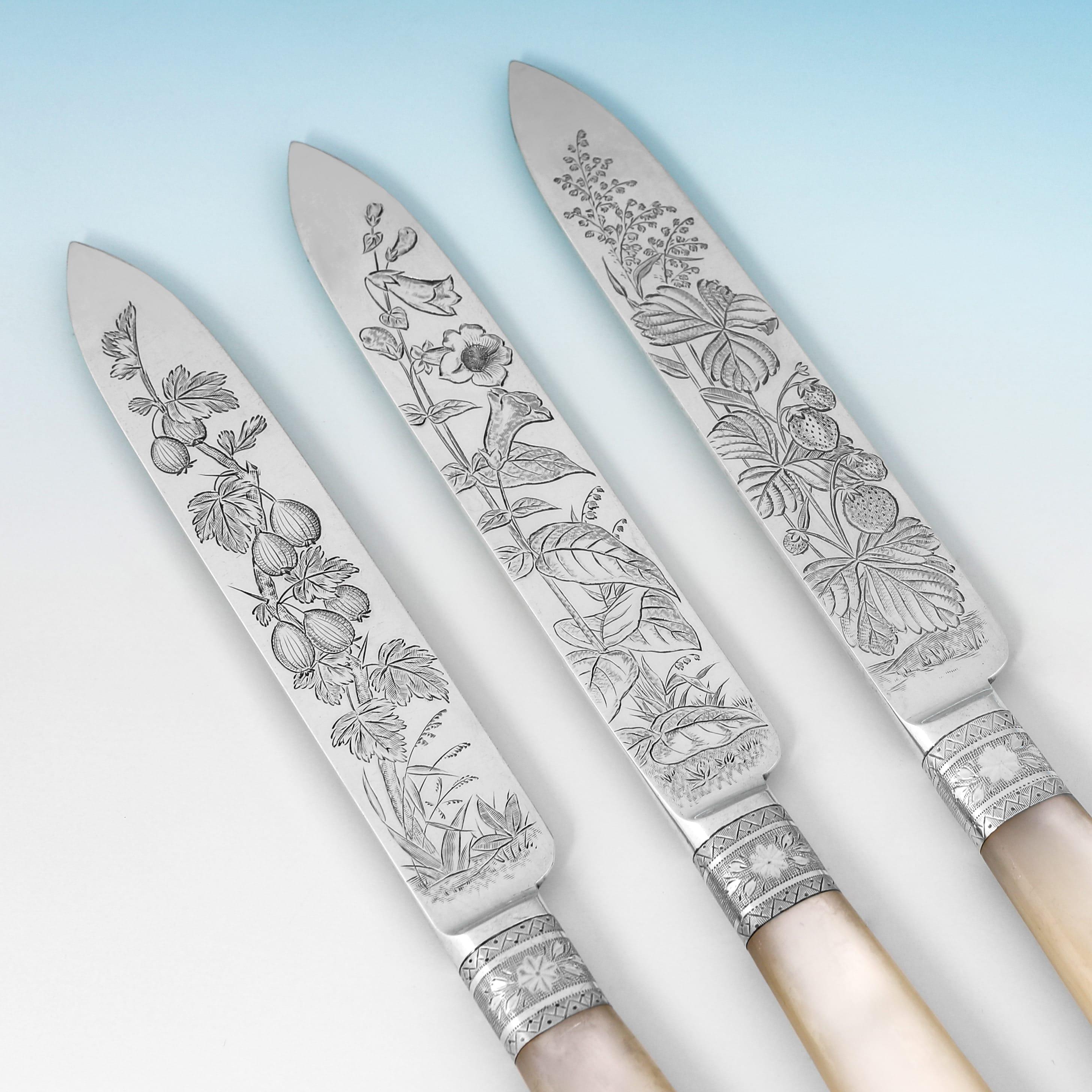 Late 19th Century Incredible aesthetic design silver and mother of pearl dessert set from 1891