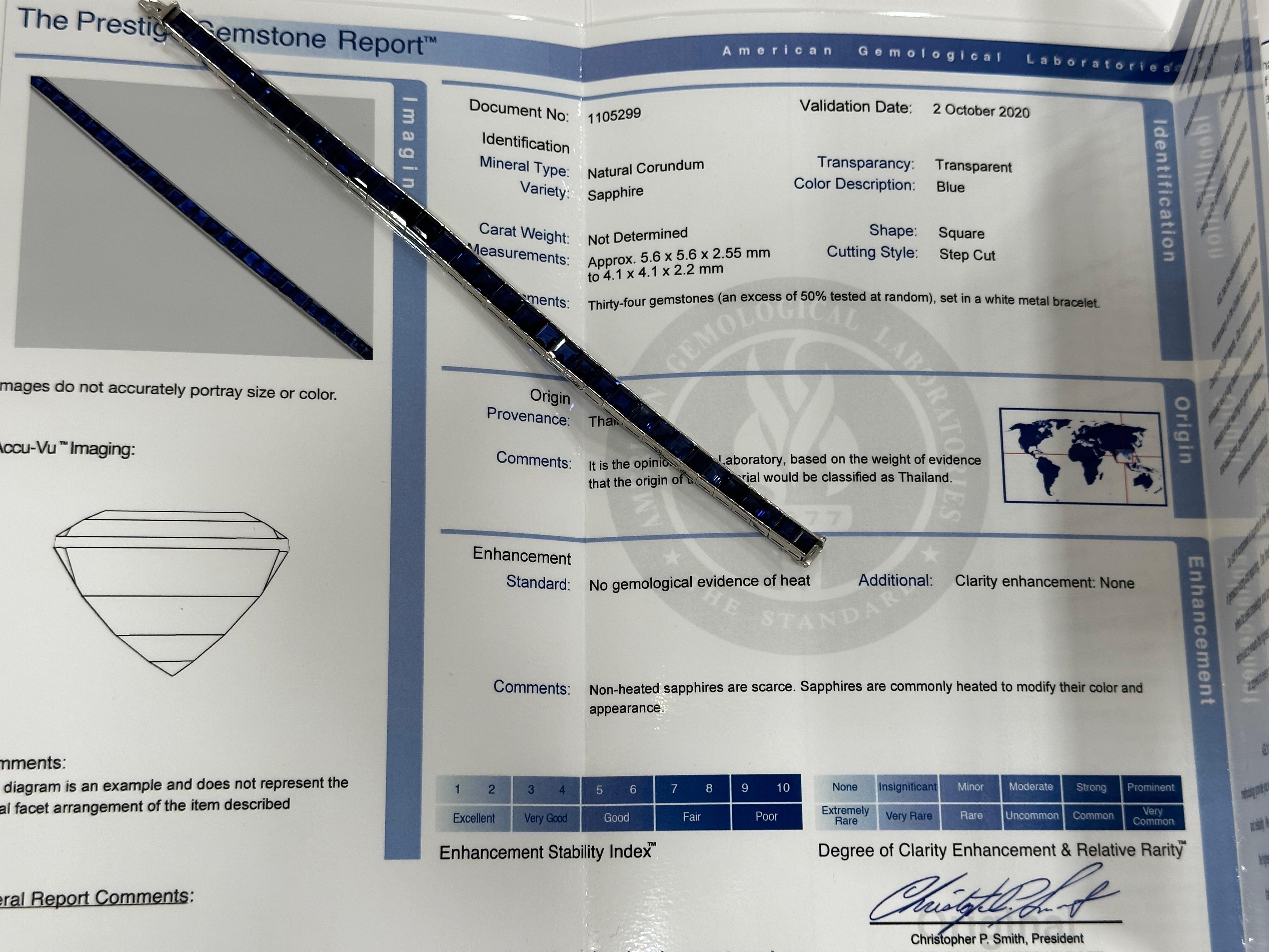 Square Cut AGL Certified 16.5 Carat Unheated Sapphire Platinum Line Bracelet For Sale