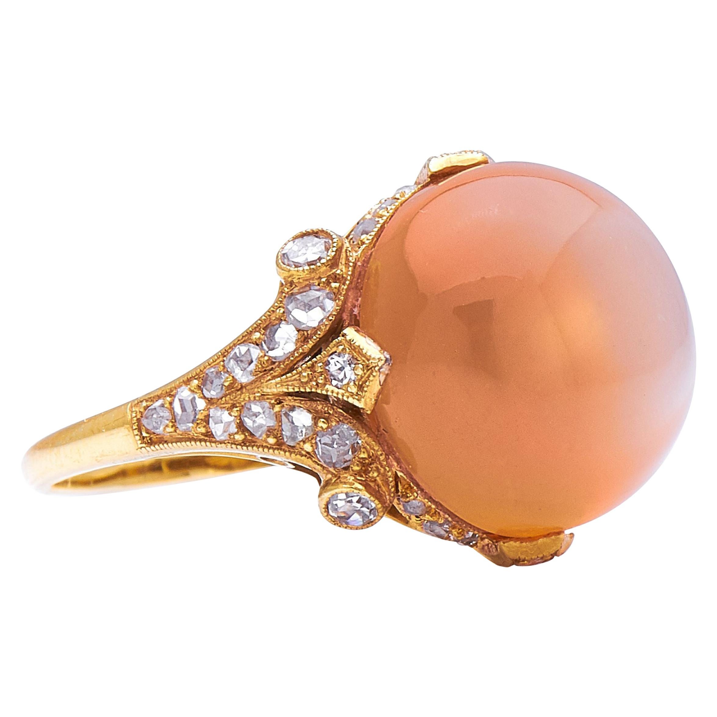 Incredible Antique, Belle Époque, 18 Carat Gold Peach Moonstone and Diamond Ring For Sale