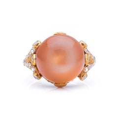 Incredible Antique, Belle Époque, 18 Carat Gold Peach Moonstone and Diamond Ring