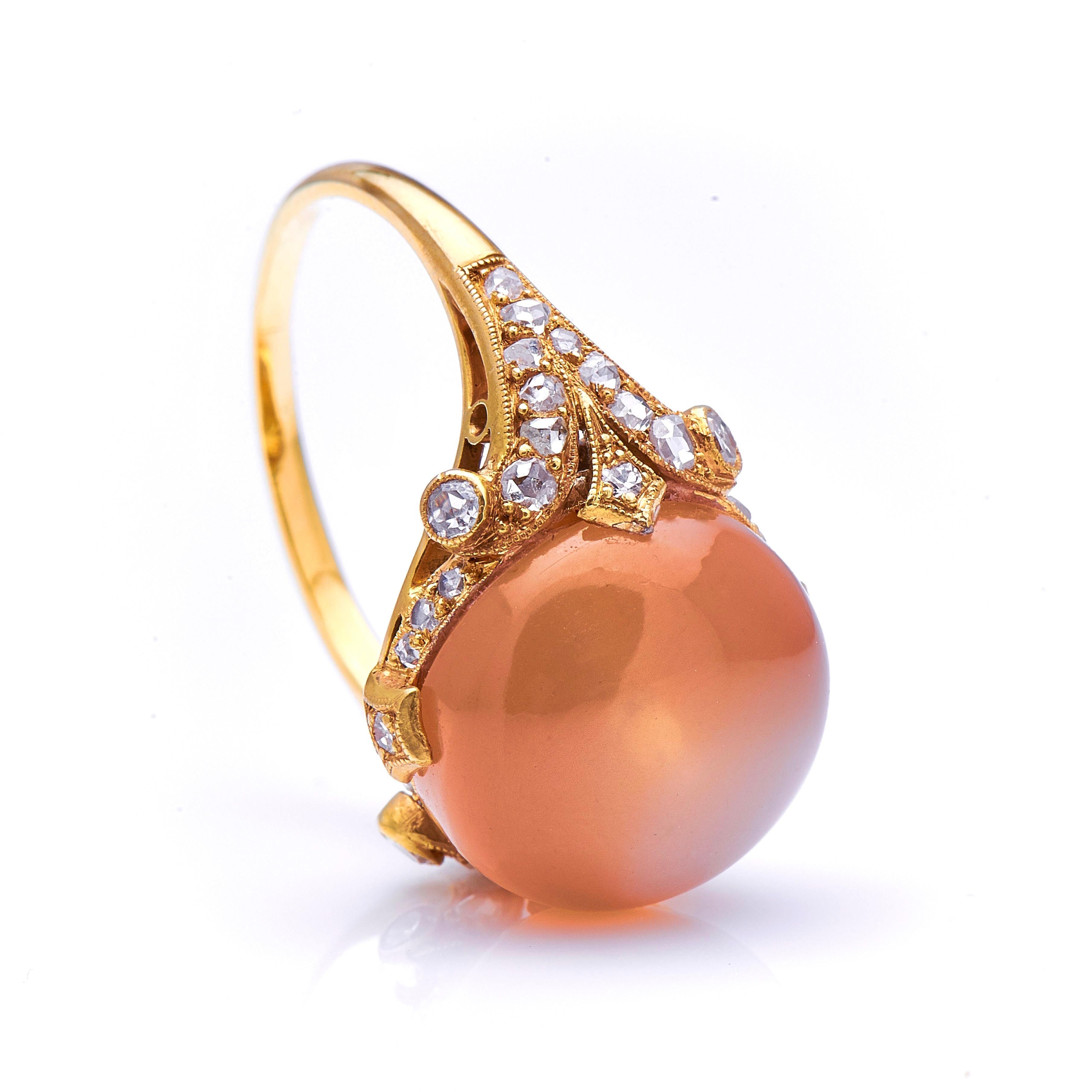 Cabochon Incredible Antique, Belle Époque, 18 Carat Gold Peach Moonstone and Diamond Ring For Sale