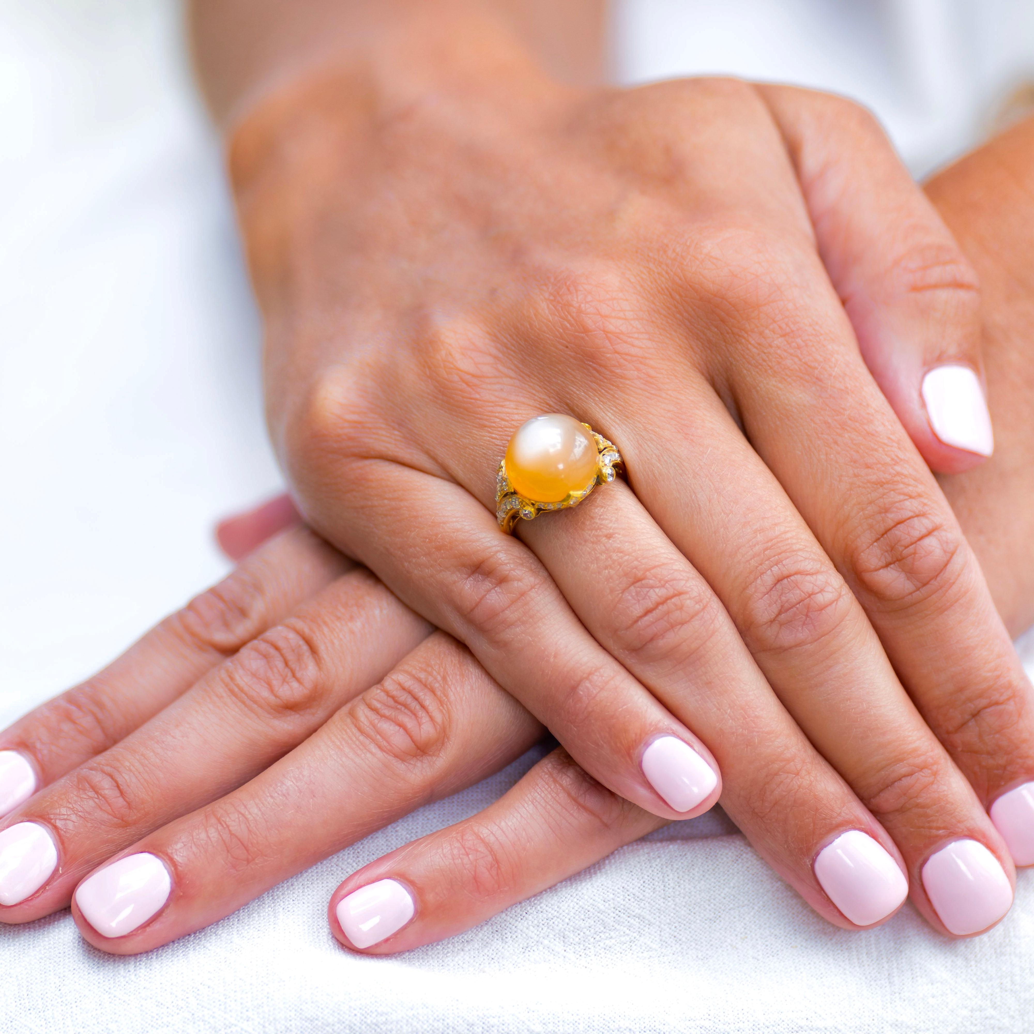 Women's Incredible Antique, Belle Époque, 18 Carat Gold Peach Moonstone and Diamond Ring For Sale