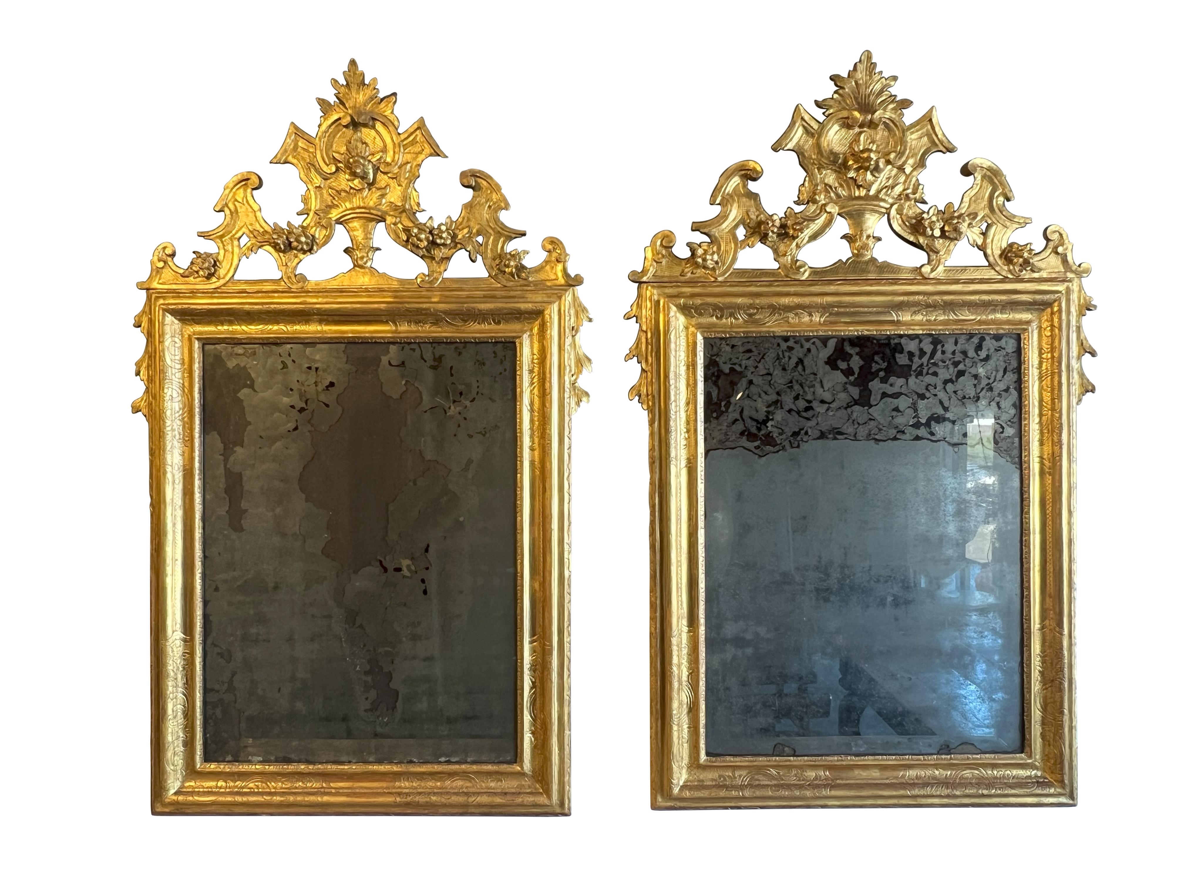 Hand-Carved Incredible Antique Italian Pair of Luigi XIV 17th Century Gilded Mirrors   For Sale