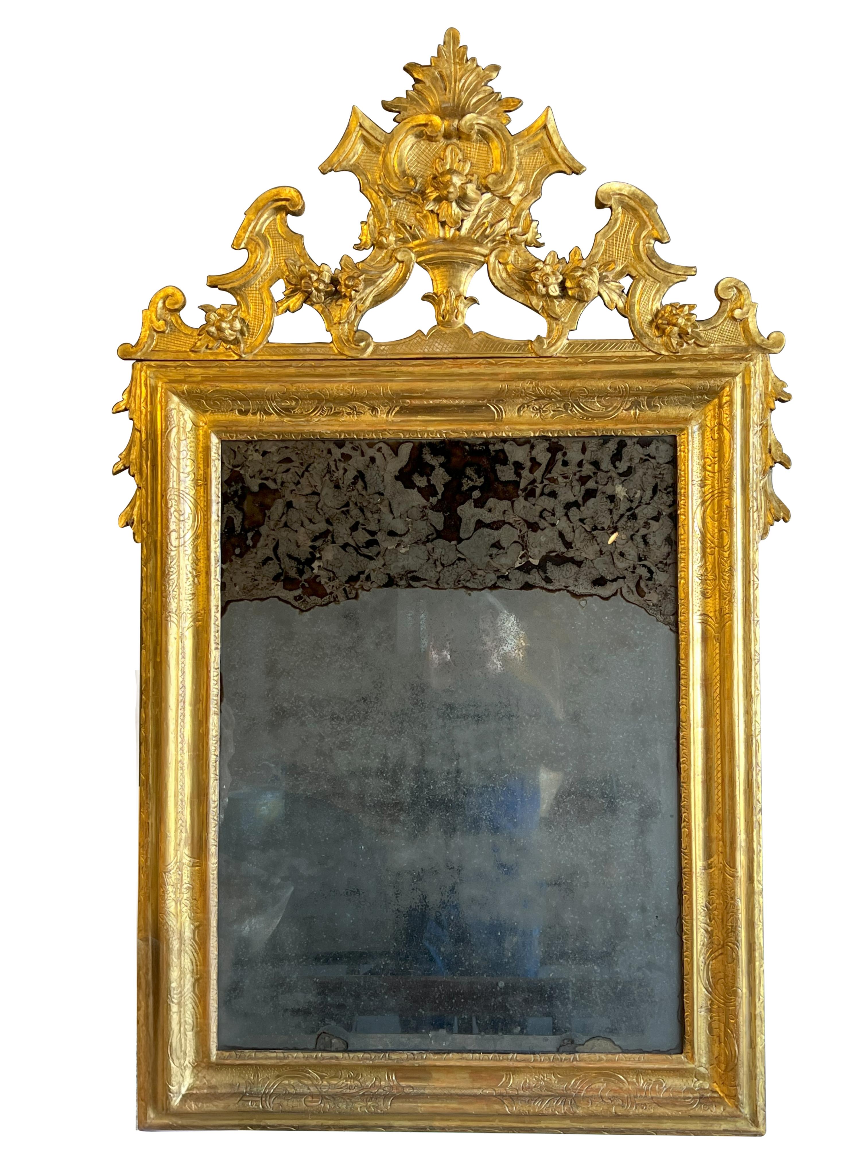 Incredible Antique Italian Pair of Luigi XIV 17th Century Gilded Mirrors   In Good Condition For Sale In Encinitas, CA
