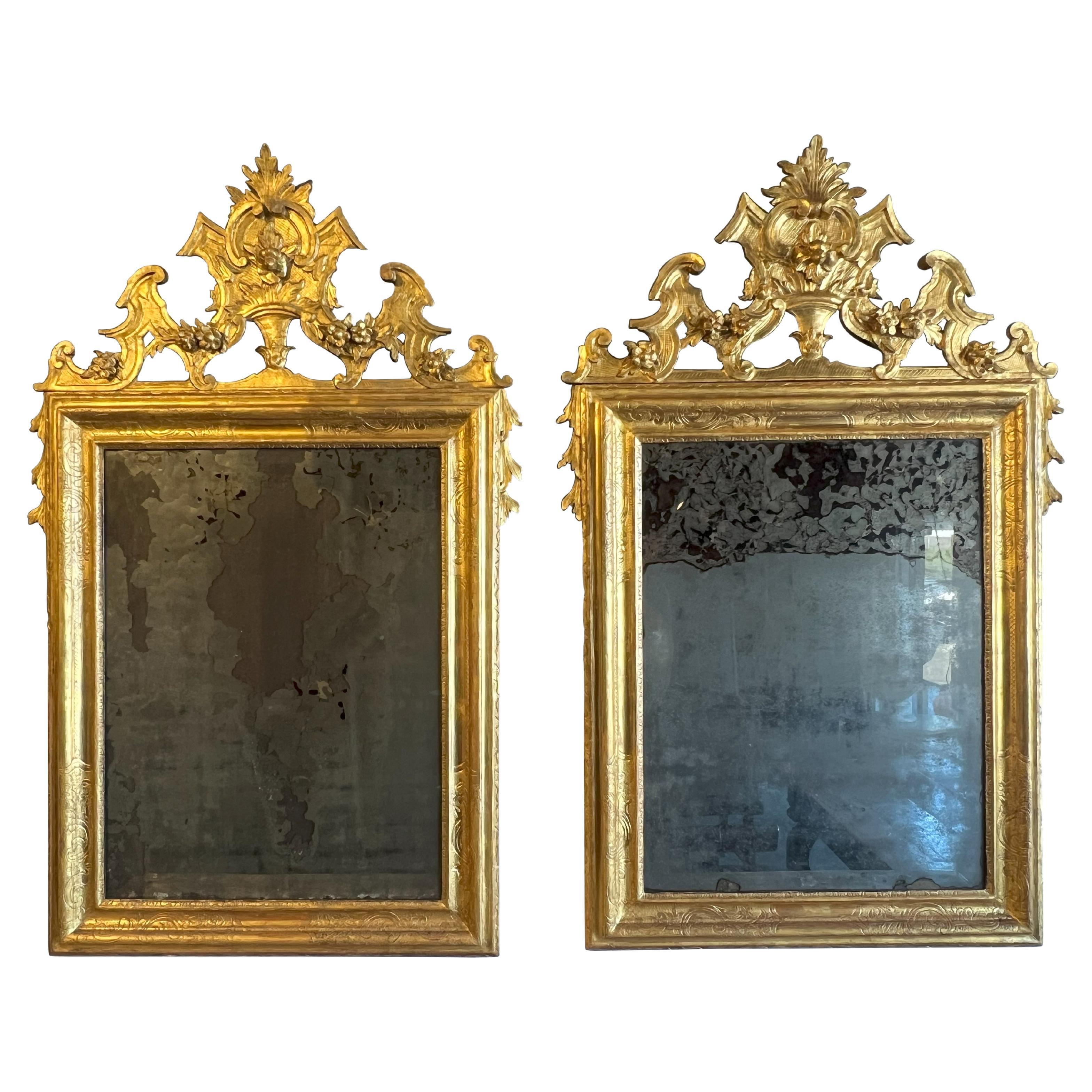 Incredible Antique Italian Pair of Luigi XIV 17th Century Gilded Mirrors  