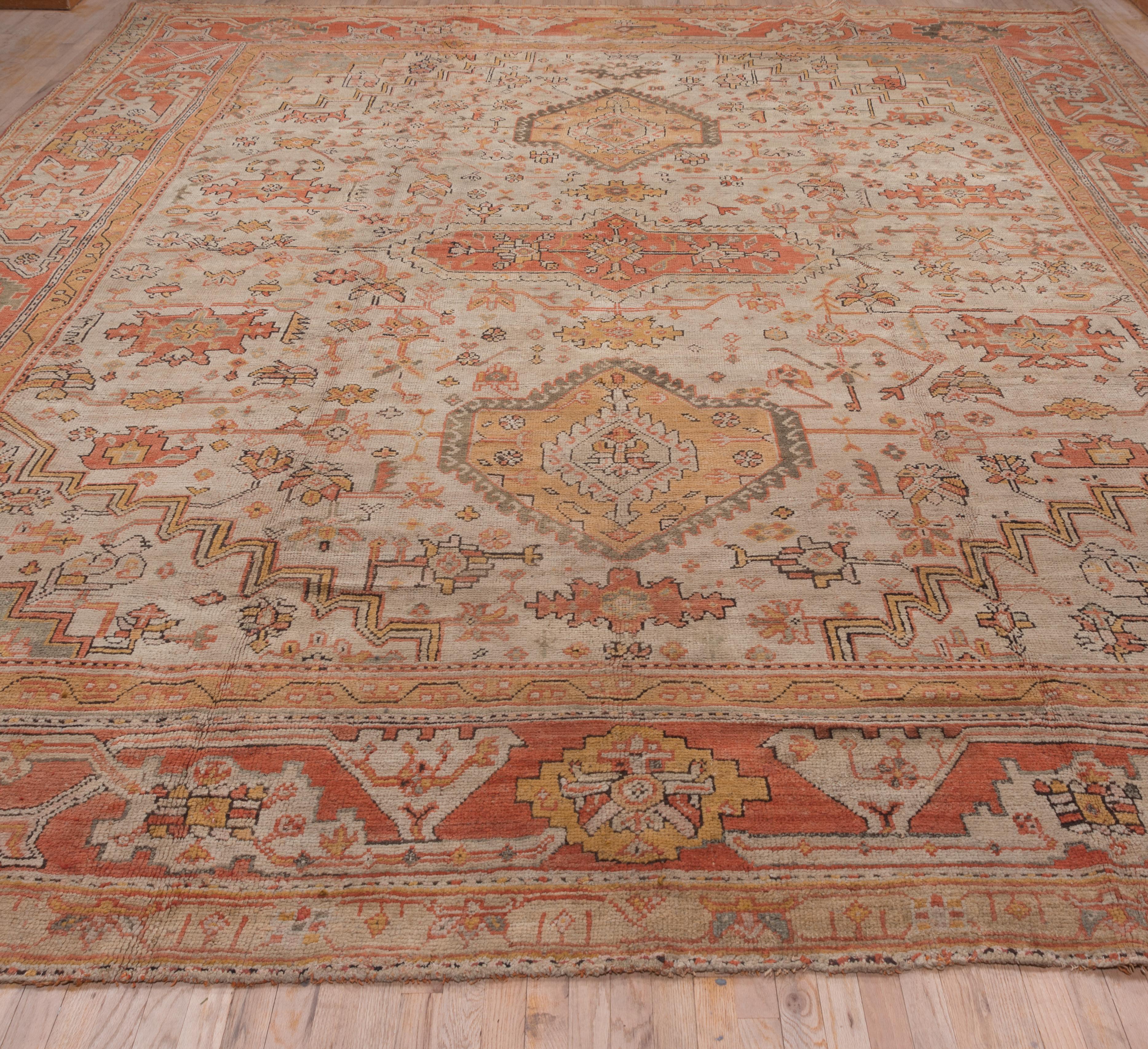 Incredible Antique Oushak Turkish Carpet, Amazing Colors, Allover Field, 1900s For Sale 2