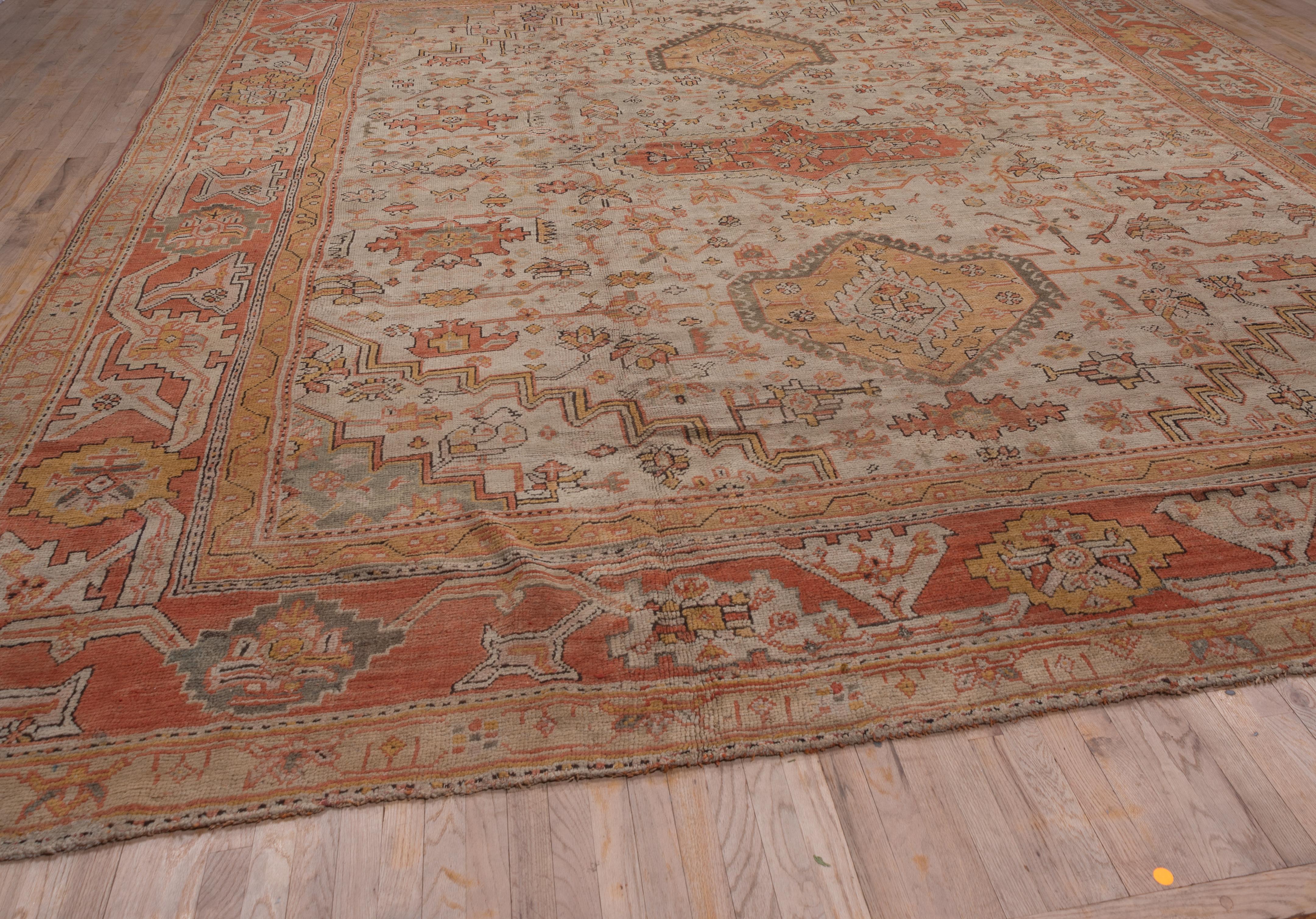 Incredible Antique Oushak Turkish Carpet, Amazing Colors, Allover Field, 1900s For Sale 3