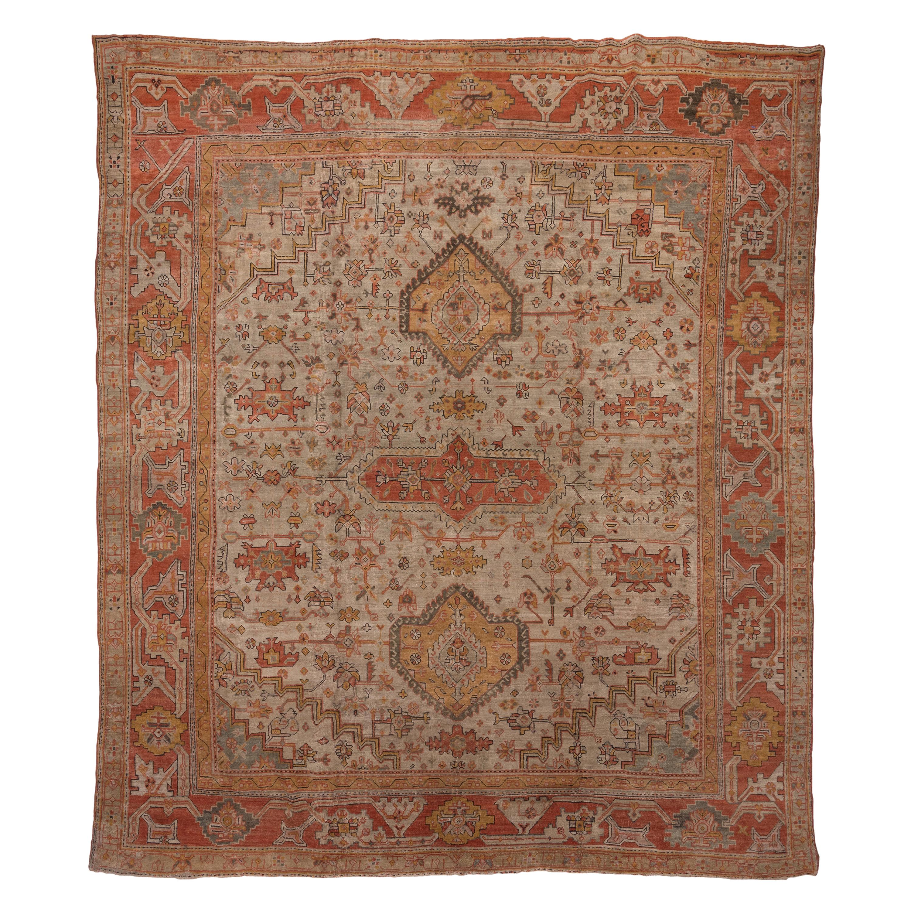 Incredible Antique Oushak Turkish Carpet, Amazing Colors, Allover Field, 1900s For Sale