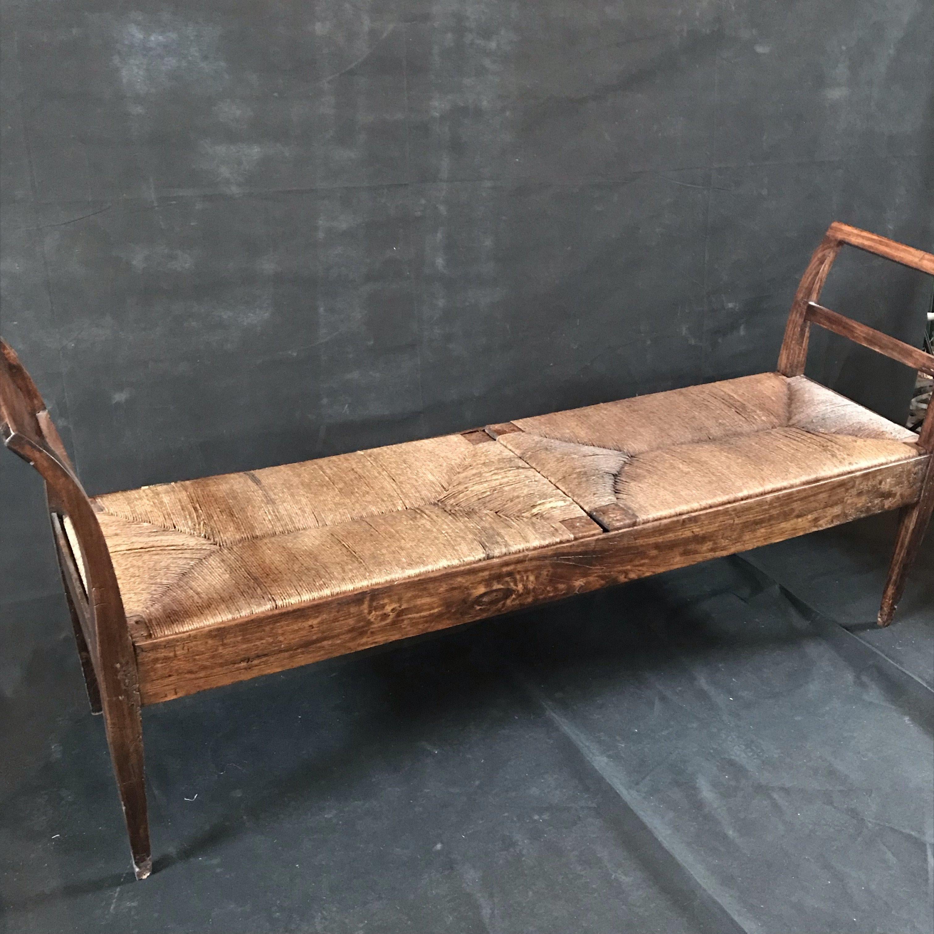 19th Century Incredible Antique Very Long Italian Walnut and Rattan Bench